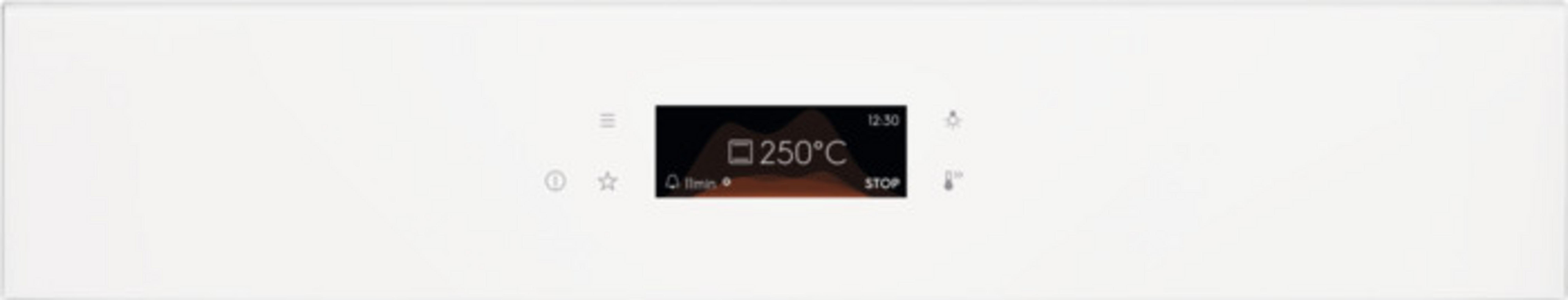 Pannello forno bianco con display digitale che mostra 250°C e l'ora. Diverse icone sul pannello.