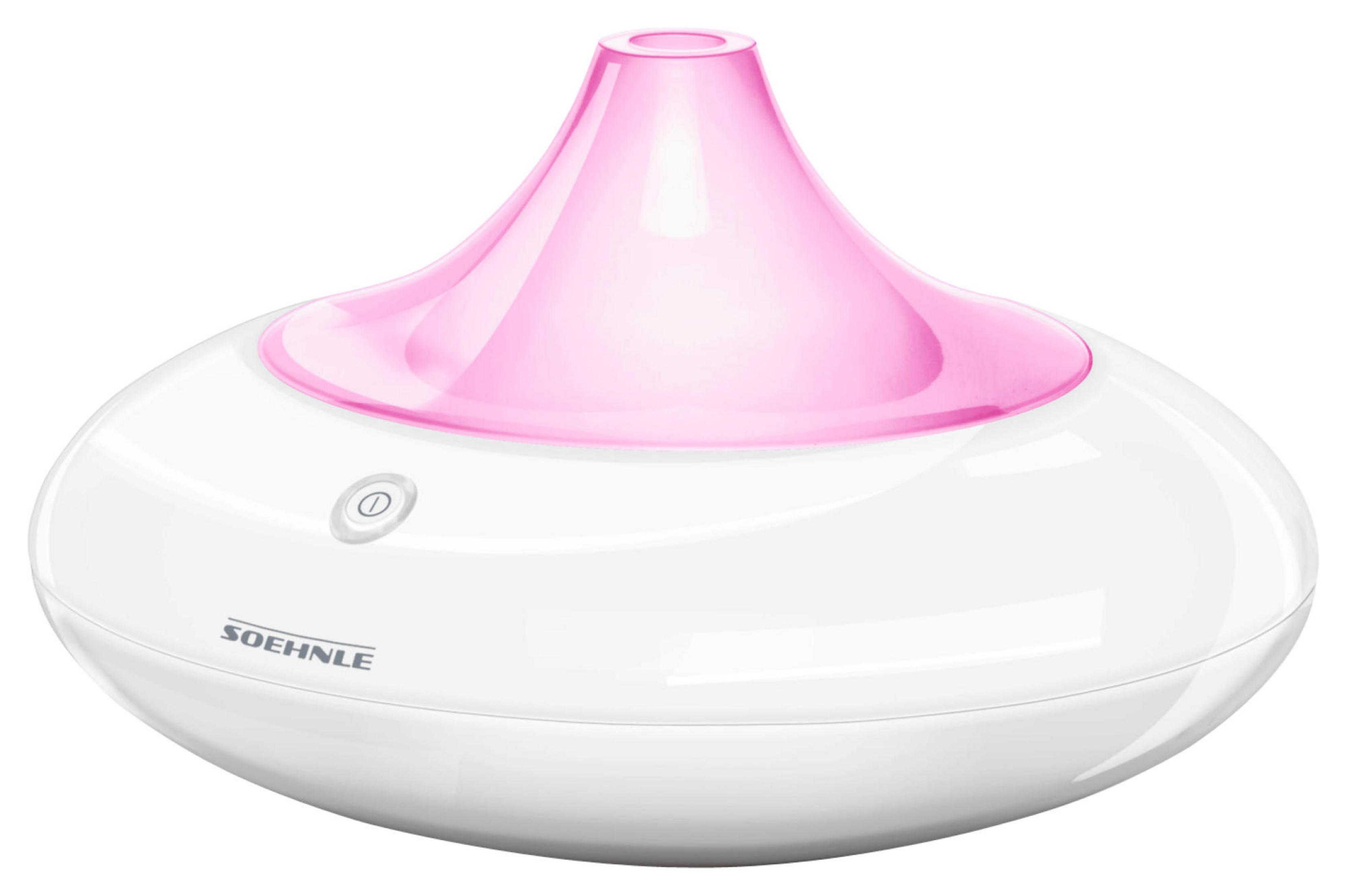 Un diffusore di oli essenziali bianco e rosa. La parte superiore rosa ha una forma conica. Il marchio è visibile.