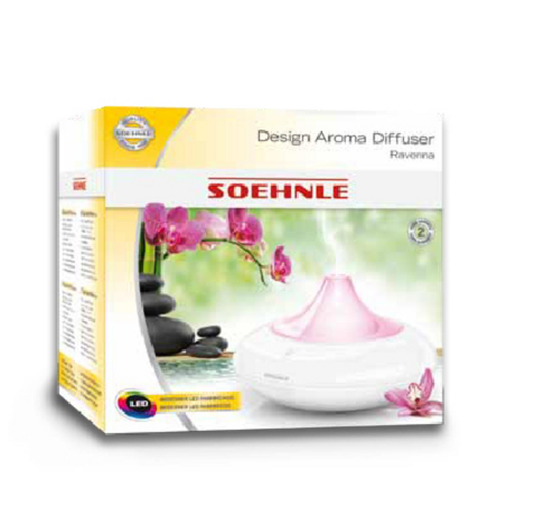 Scatola di SOEHNLE Design Aroma Diffuser Ravenna con immagine di orchidea, pietre e diffusore.