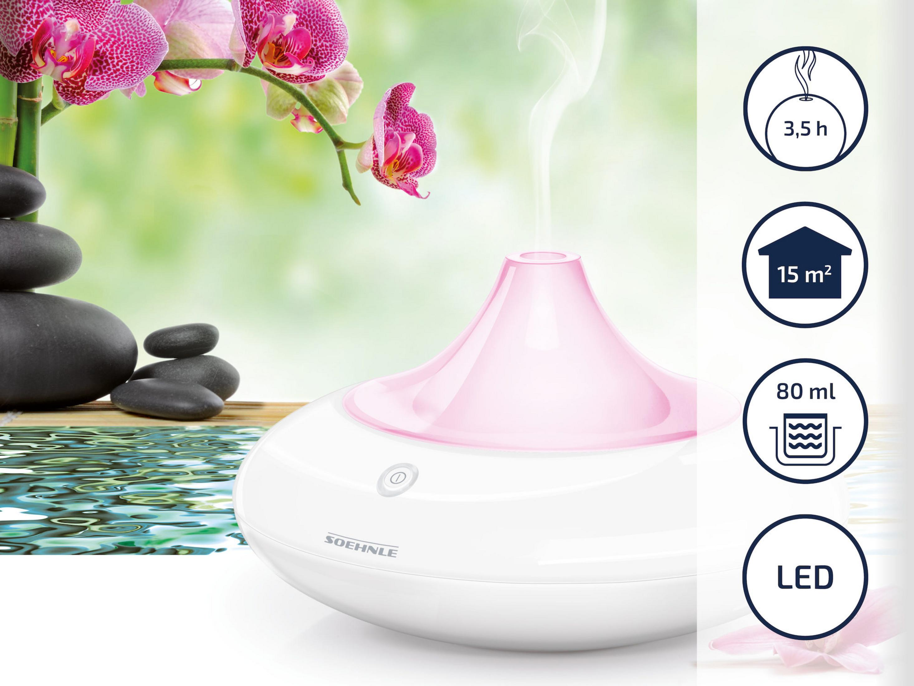Un diffusore di oli essenziali bianco e rosa con orchidee e pietre zen. Le specifiche sono visualizzate intorno al diffusore.