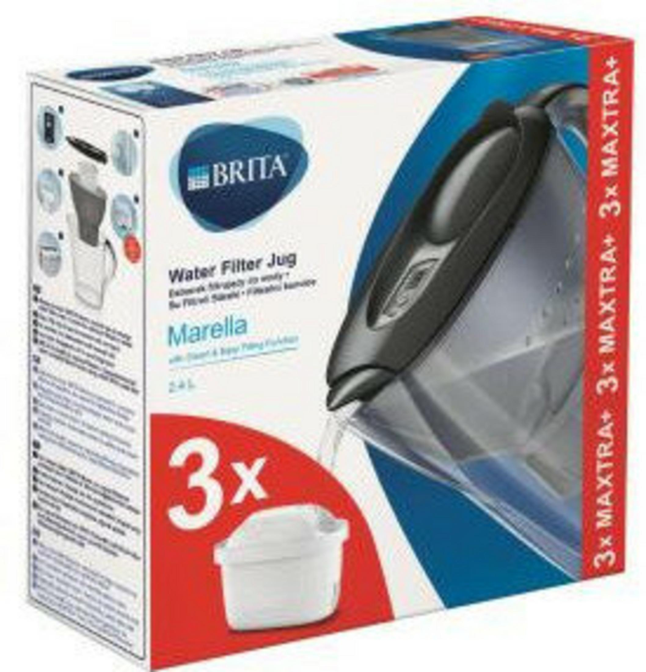 Scatola del filtro dell'acqua Brita Marella. Include filtro e caraffa, con dettagli blu e rossi. Contiene 3 filtri.