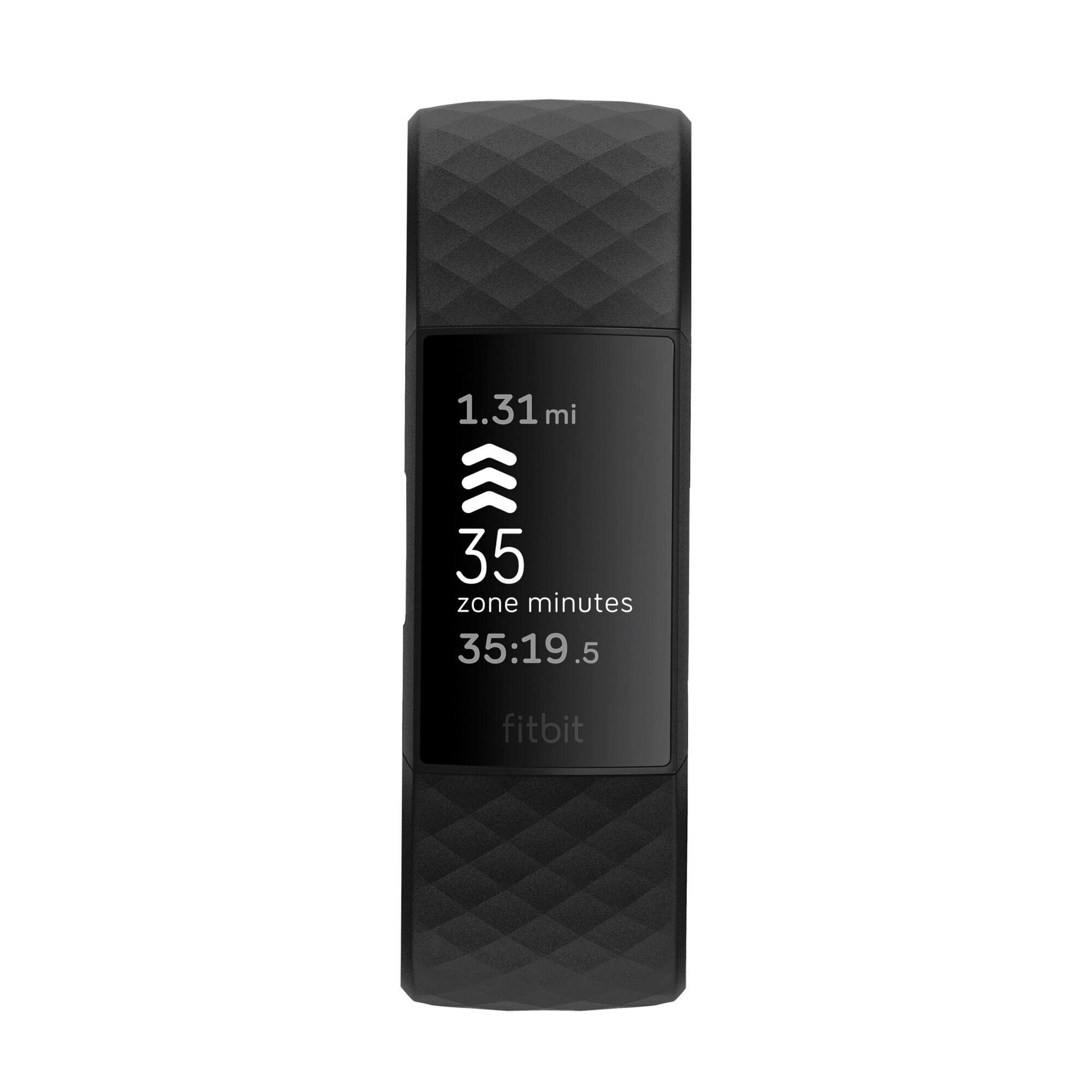 Ein schwarzer Fitbit-Tracker, der 1,31 Meilen, 35 Zonenminuten und 35:19,5 auf einem schwarzen Bildschirm anzeigt.
