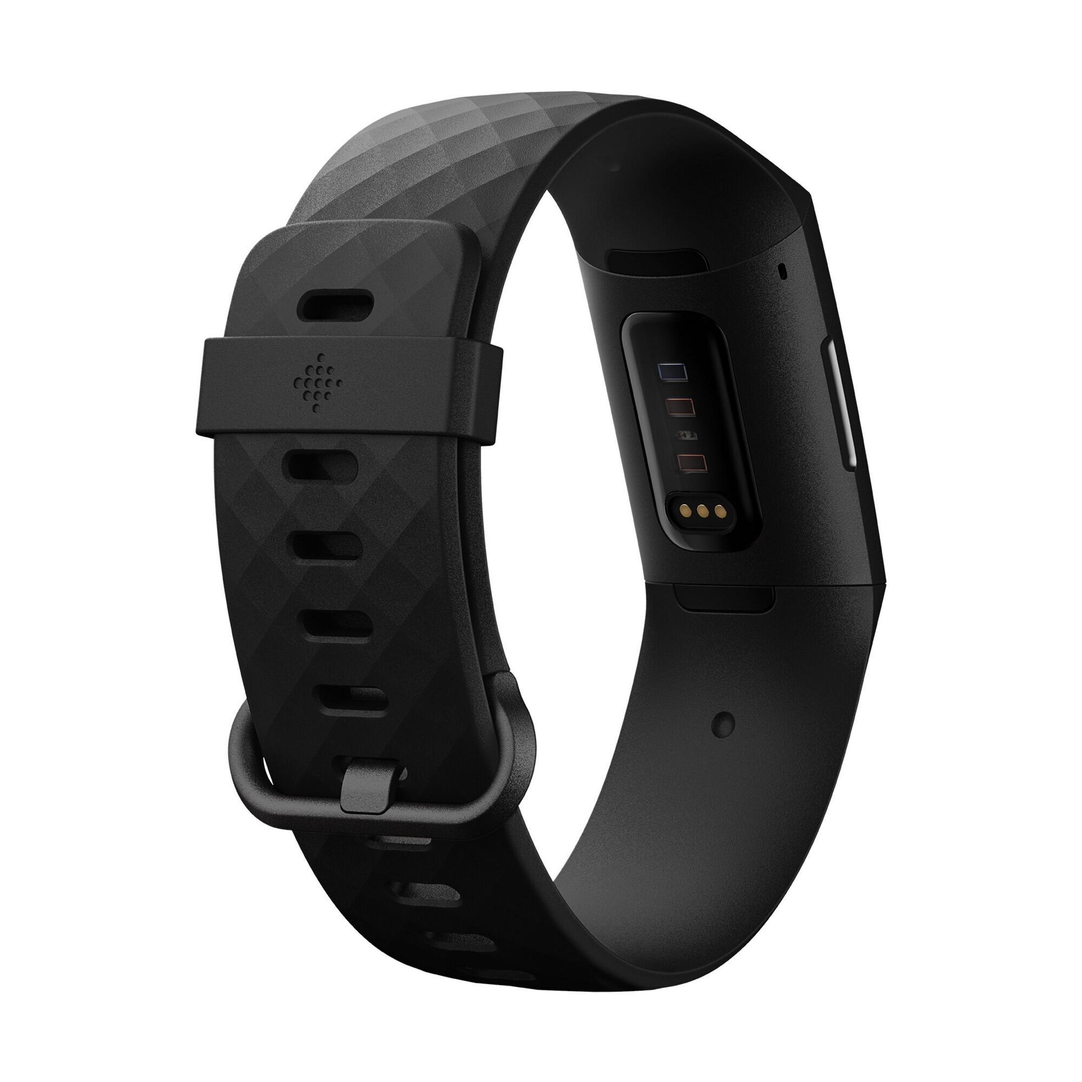 Schwarze Fitness-Tracker-Uhr. Sie hat ein Armband mit Diamantmuster und einen Bildschirm mit einigen Anzeigen.