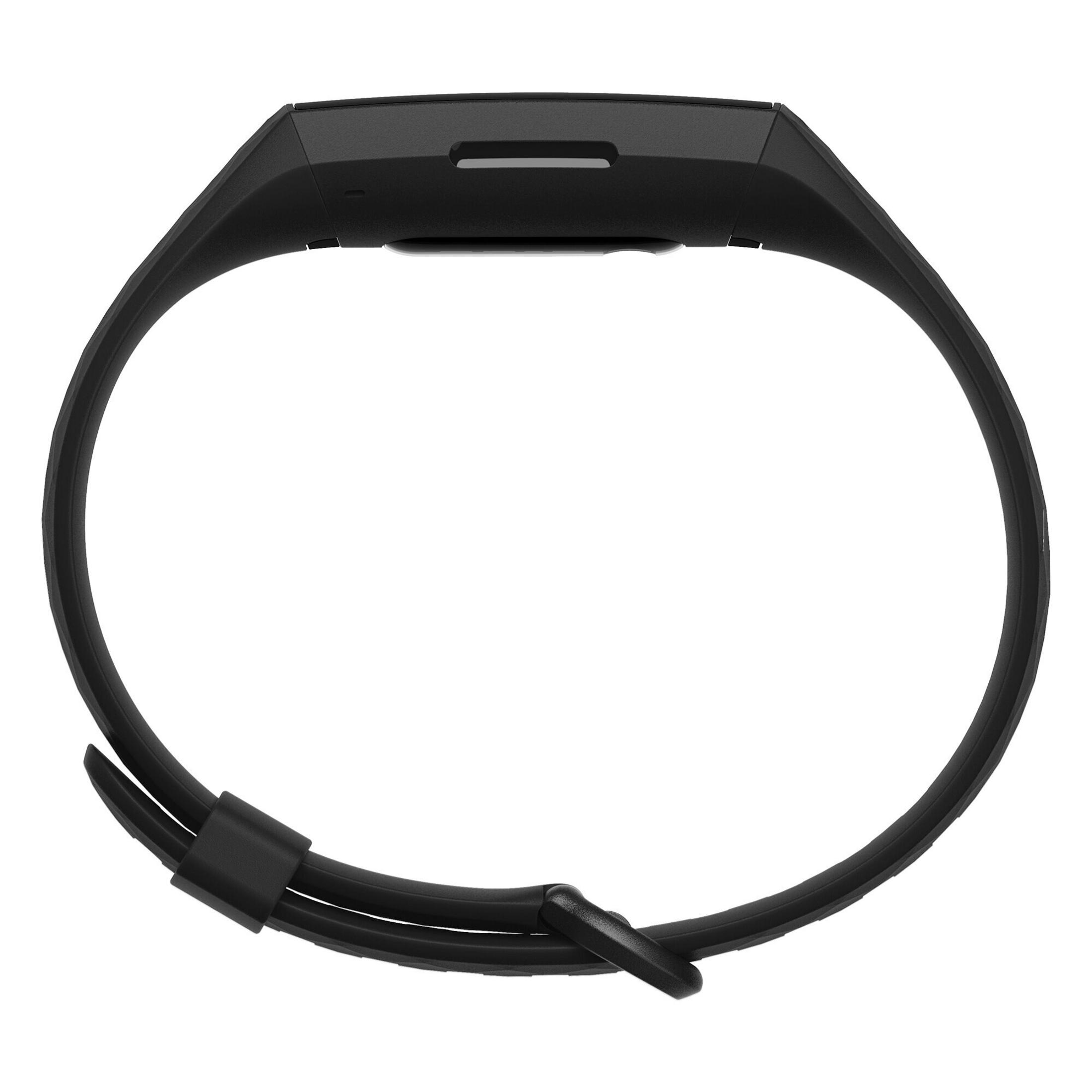 Eine schwarze Fitness-Tracker-Uhr, kreisförmig. Sie hat einen Bildschirm und ein Band mit Schnalle.