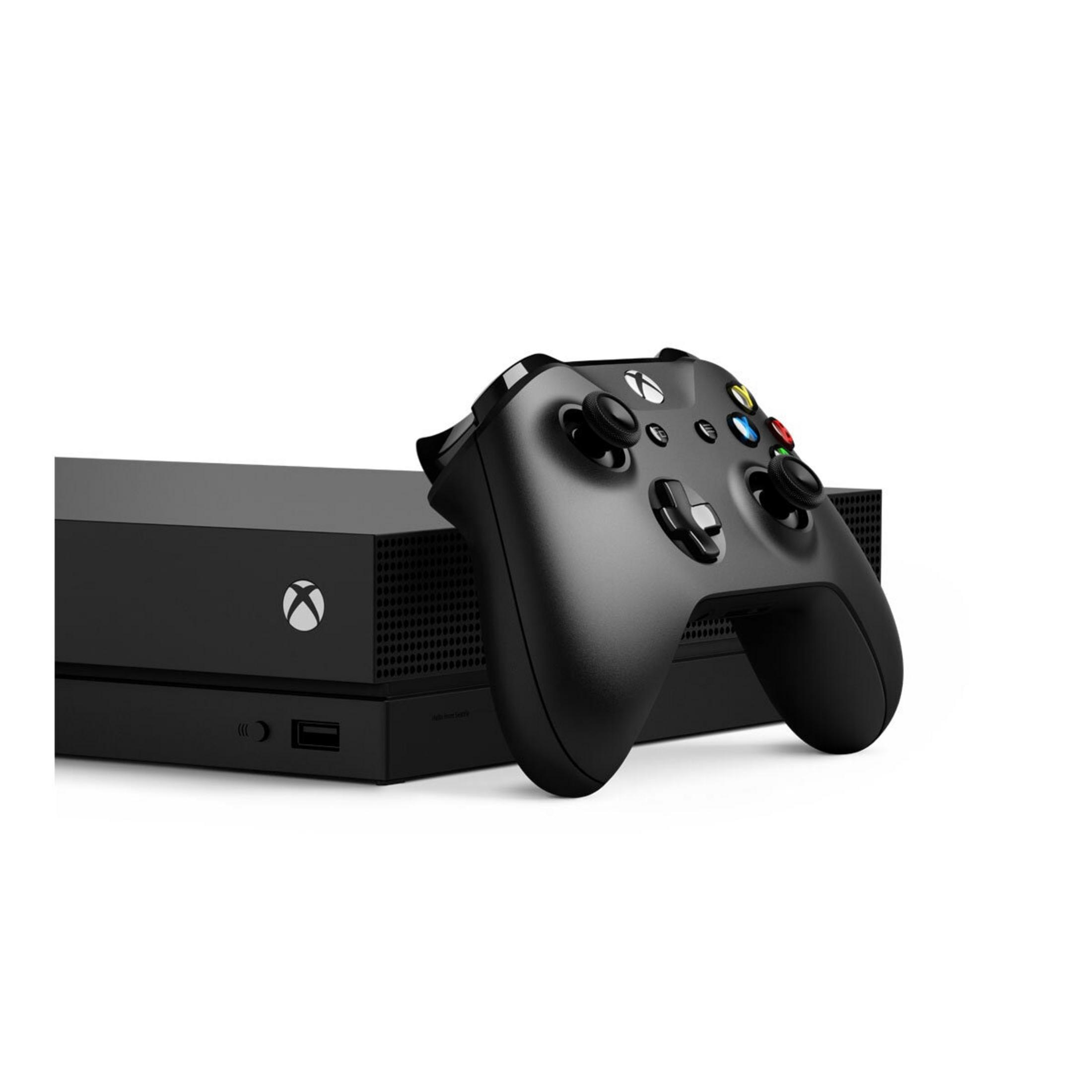 Schwarze Xbox-Konsole und Controller auf weißem Hintergrund. Der Controller steht im Mittelpunkt.