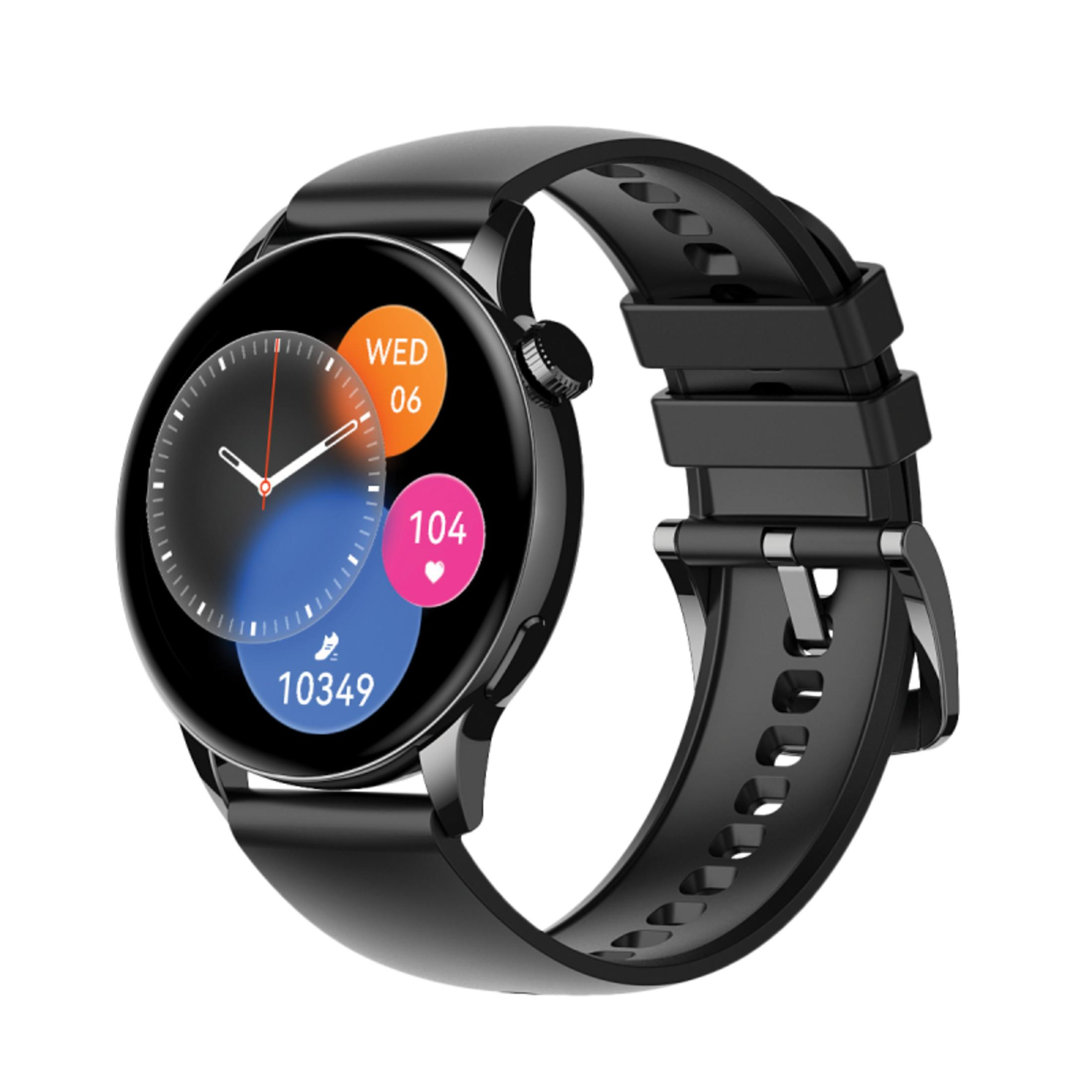 Czarny smartwatch z okrągłą tarczą. Wyświetla godzinę, datę, kroki i tętno. Czarny pasek. Białe tło.