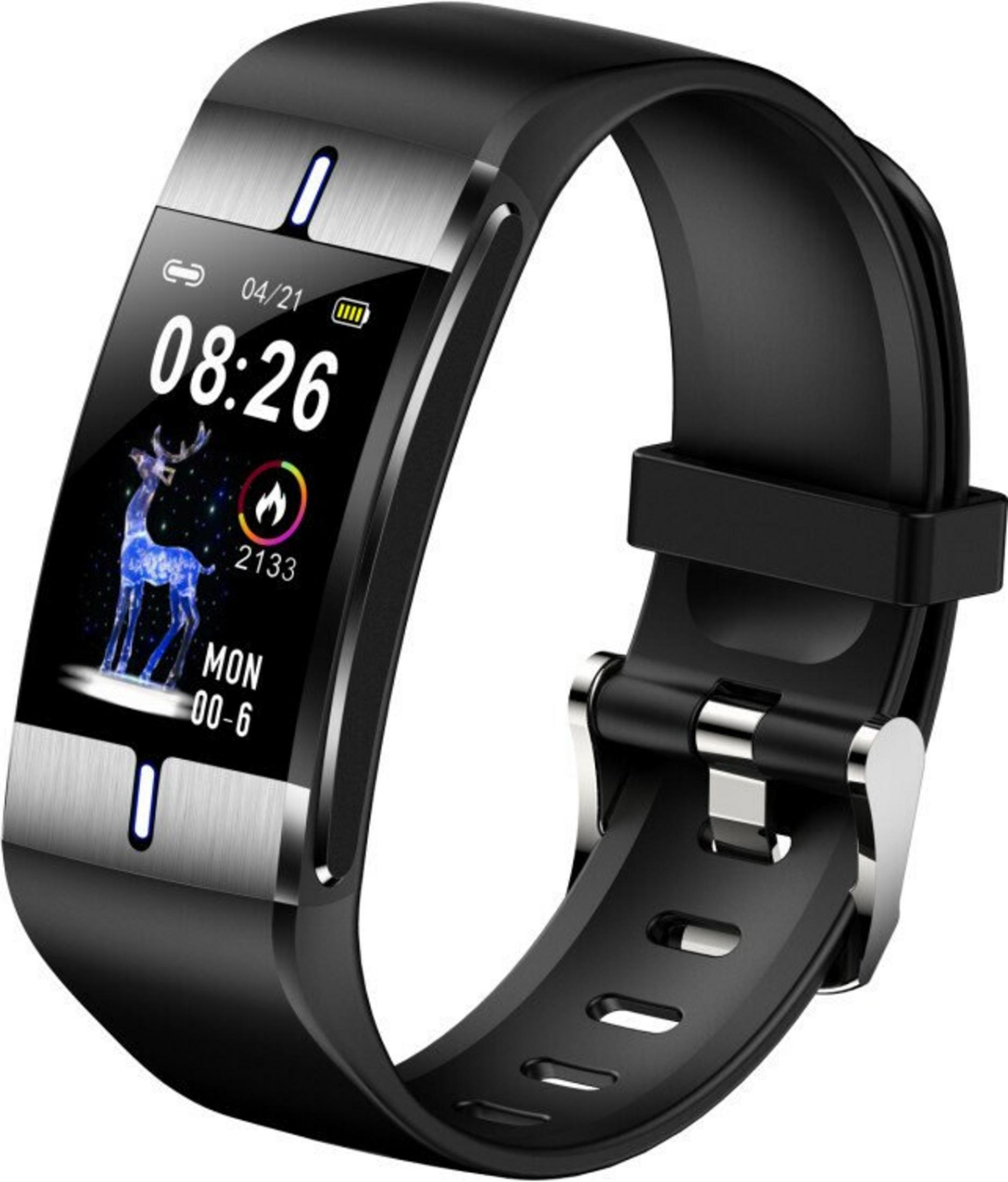 Eine schwarze Smartwatch zeigt die Zeit 08:26, das Datum 04/21 und eine Hirschgrafik auf dem Bildschirm.