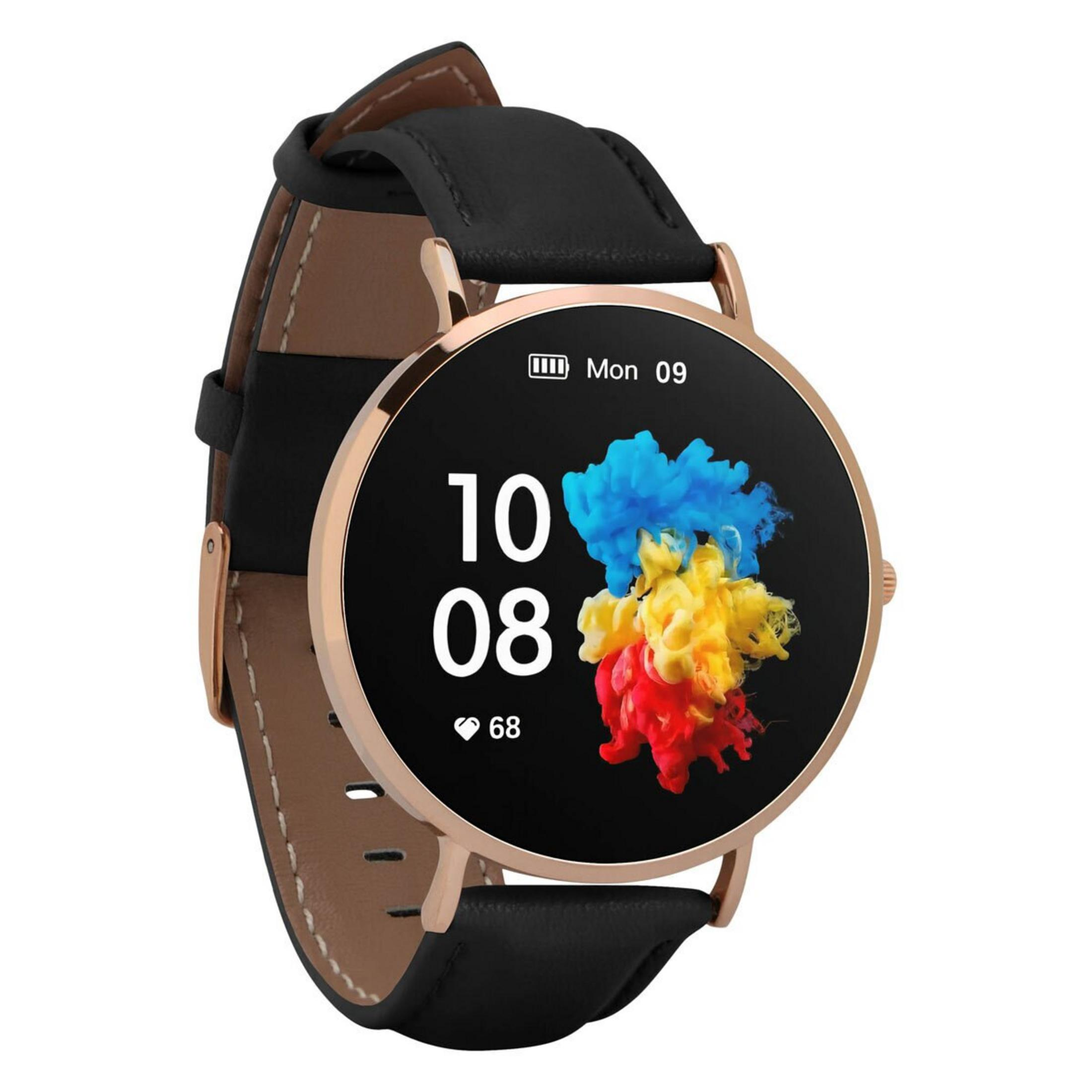 Okrągły smartwatch z czarnym skórzanym paskiem. Ekran pokazuje godzinę, baterię i kolorowy, dymny wzór.