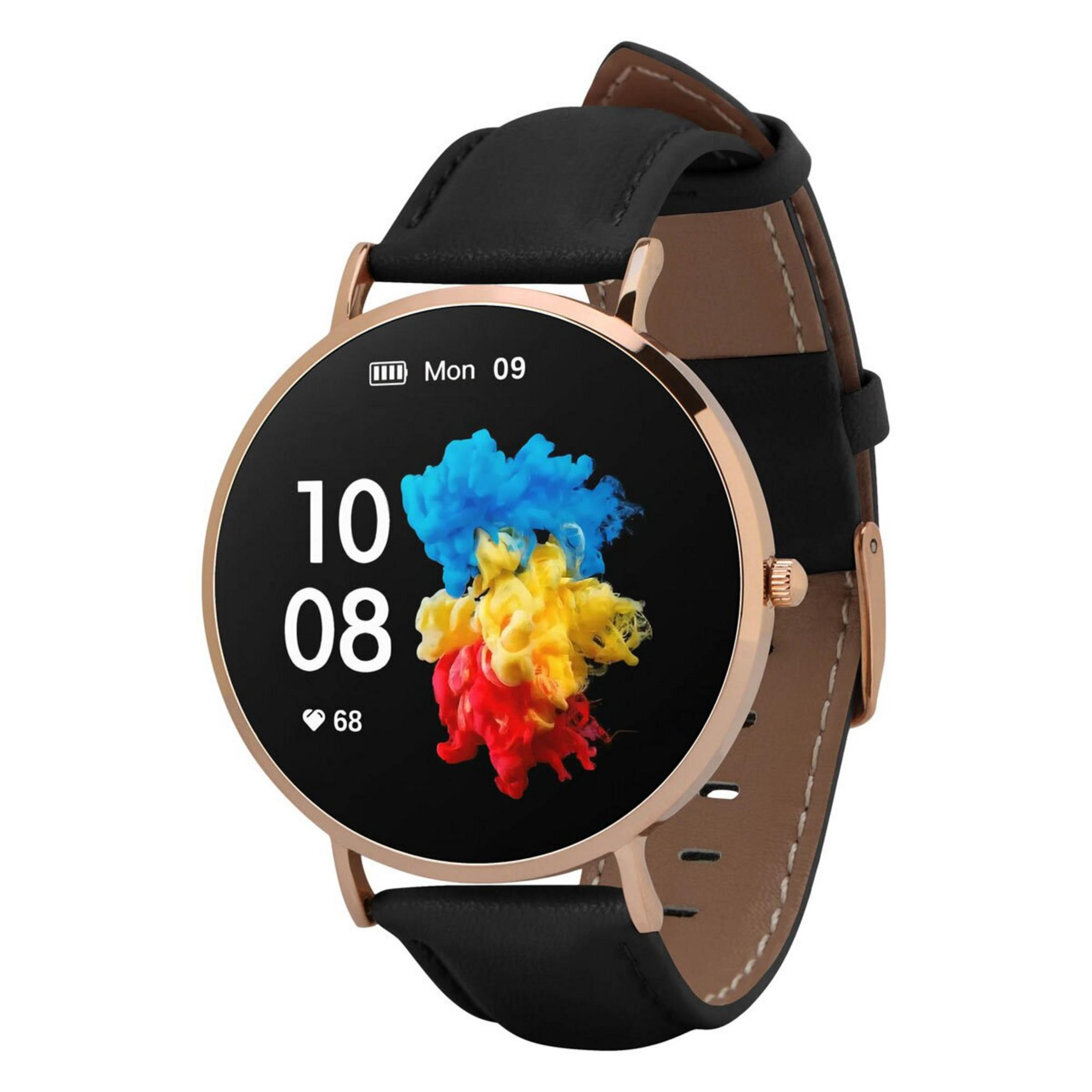 Złoty smartwatch z czarnym ekranem pokazującym godzinę i kolorową sztukę dymu na czarnym skórzanym pasku.