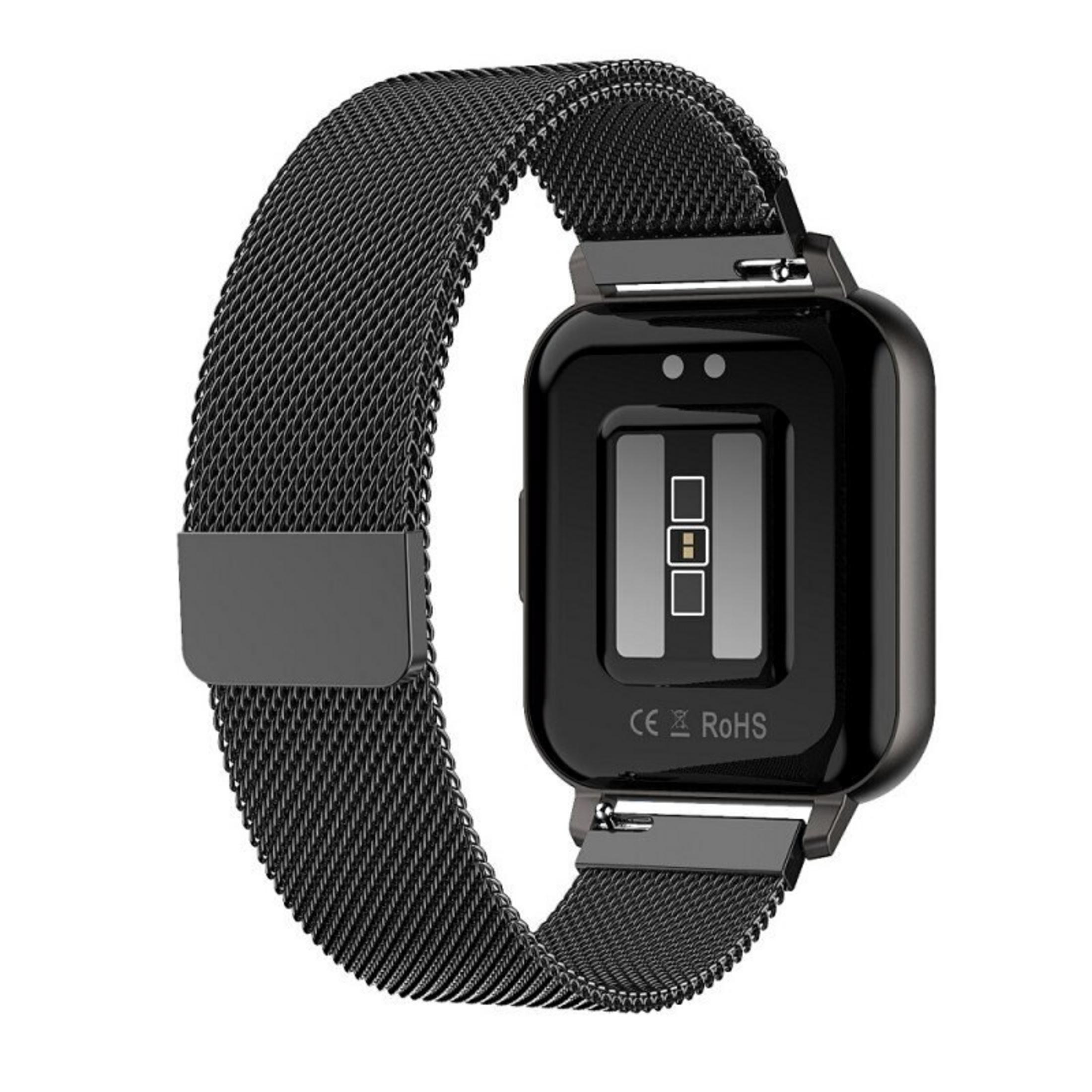Smartwatch nero con cinturino in mesh metallico. Il retro mostra sensori e marchi CE RoHS.