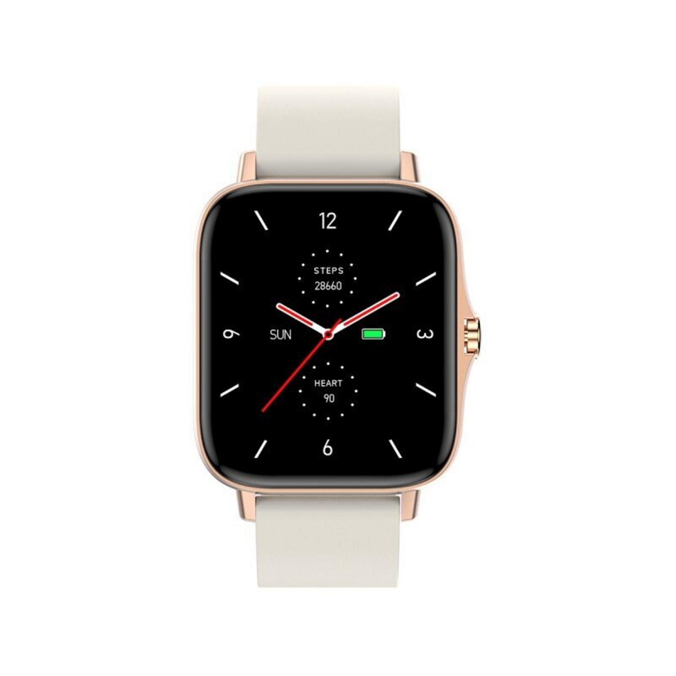 Smartwatch z czarnym ekranem, pokazujący godzinę, kroki i tętno, z białymi paskami i złotą obudową.