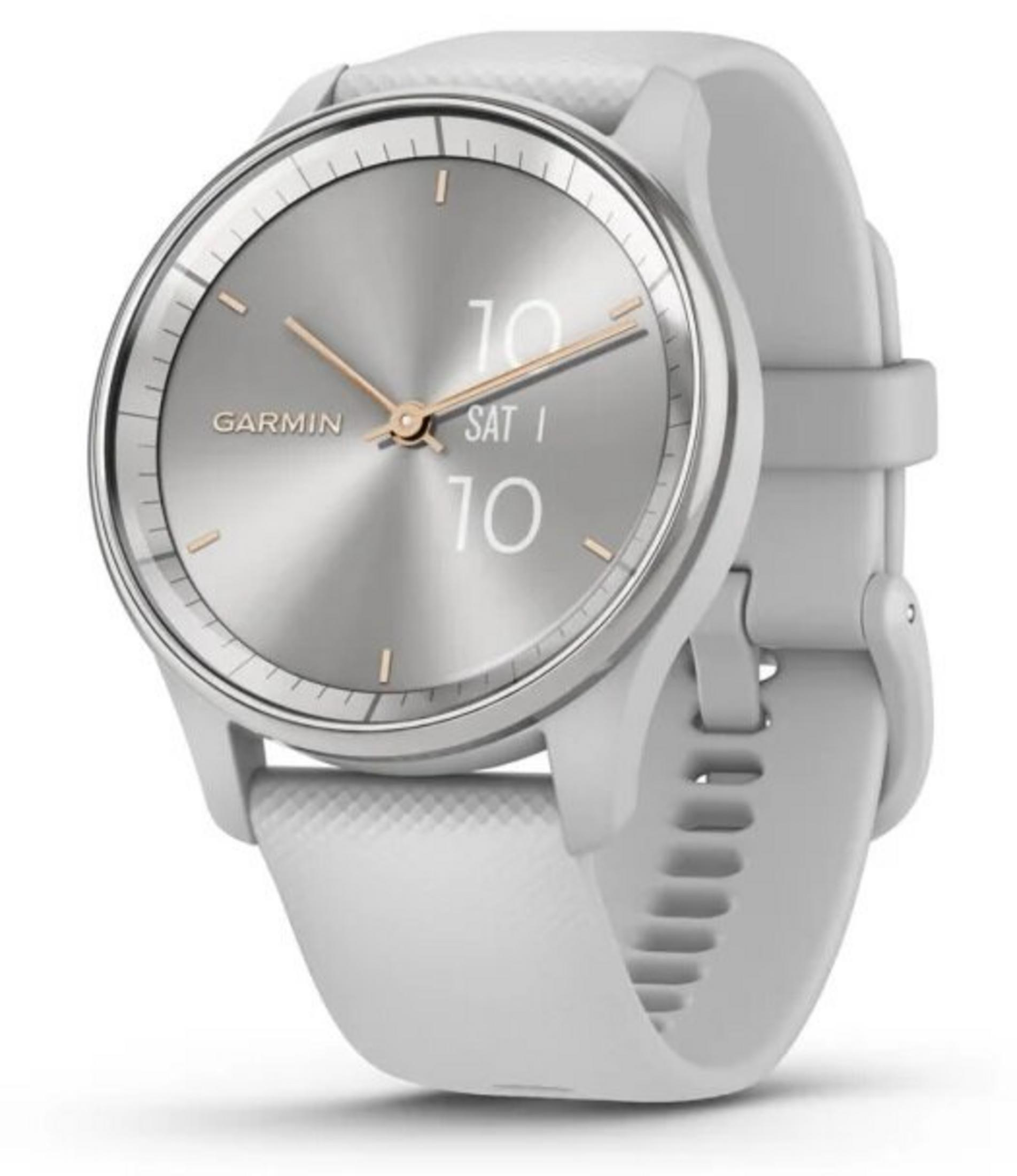 Srebrny zegarek Garmin z białym paskiem, wyświetlający godzinę i dzień.