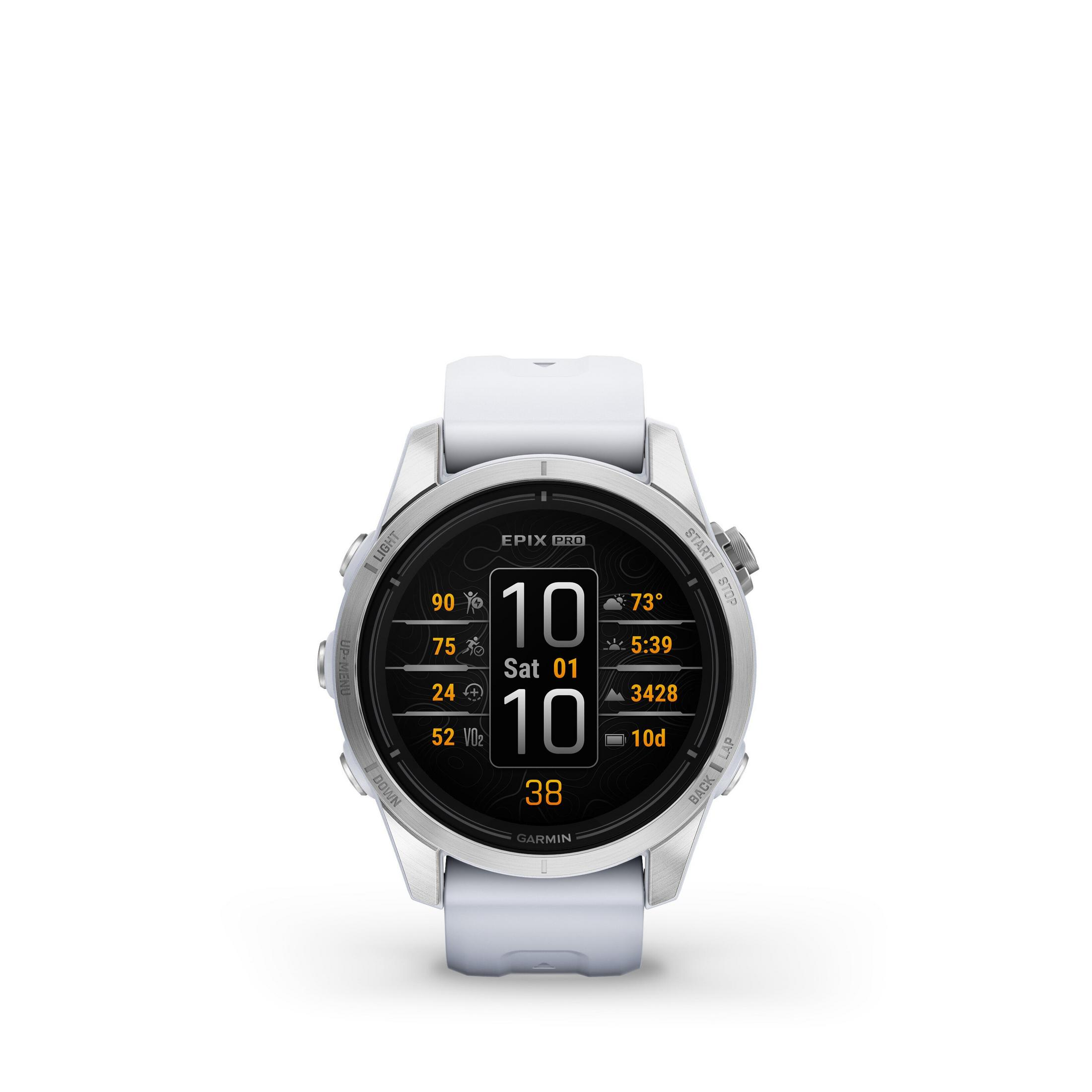 Smartwatch Garmin Epix Pro z białym paskiem. Ekran wyświetla dane, takie jak czas, data i wskaźniki zdrowia.