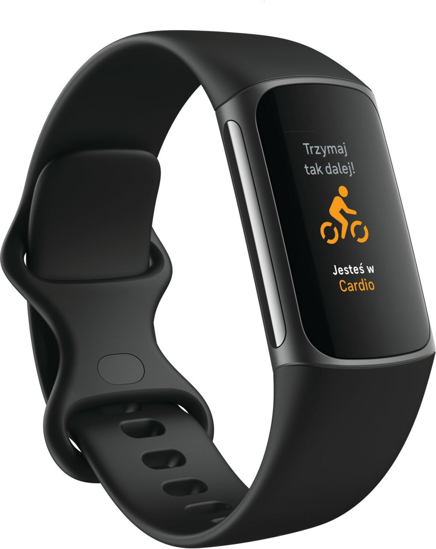 Czarny smartwatch wyświetlający dane treningowe. Ekran pokazuje ikonę kolarstwa i tekst po polsku: Tak trzymaj! Jesteś w Cardio.