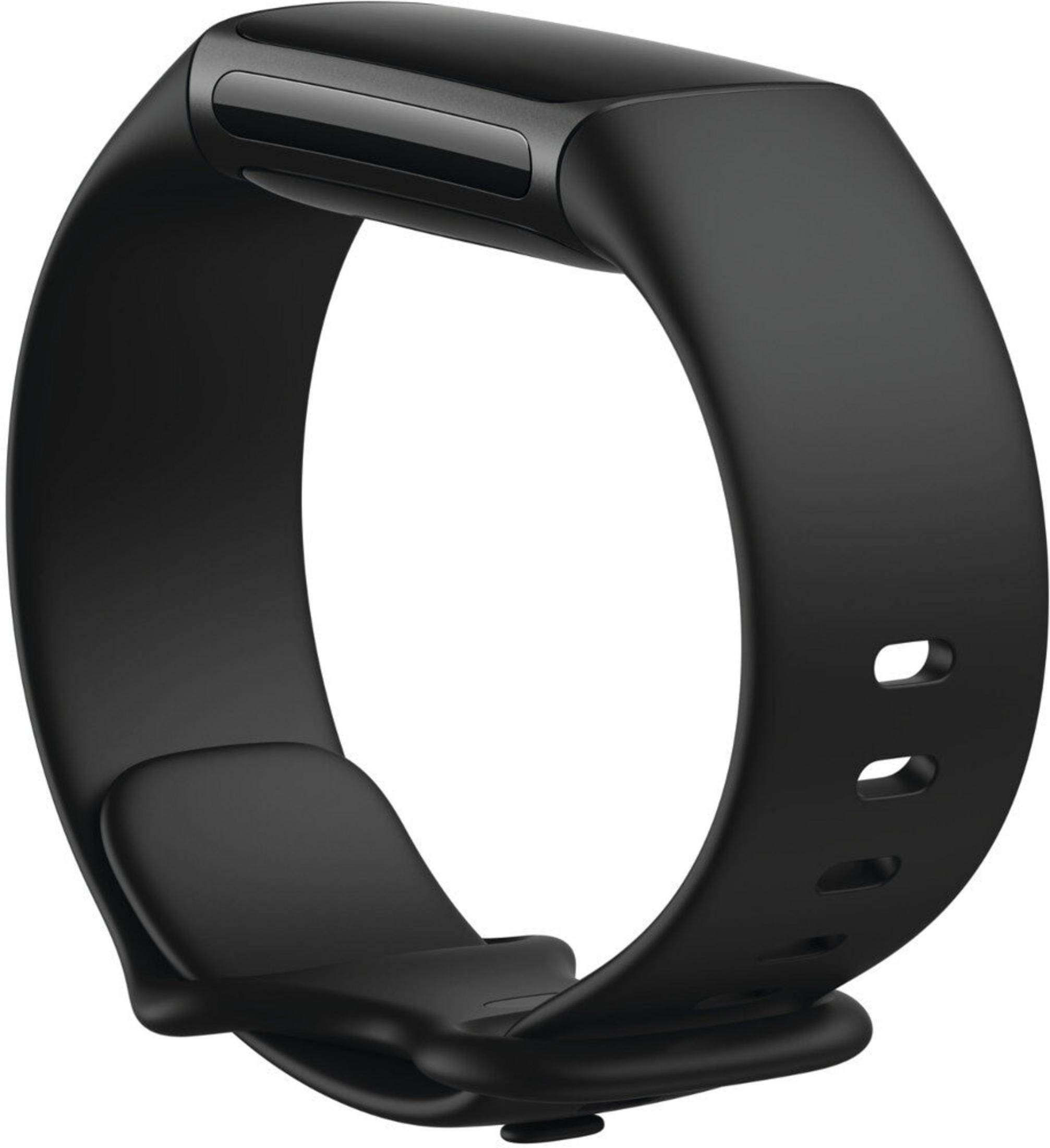 Czarny tracker fitness. Wyświetlacze na górze, z gładkim paskiem i trzema otworami do regulacji.