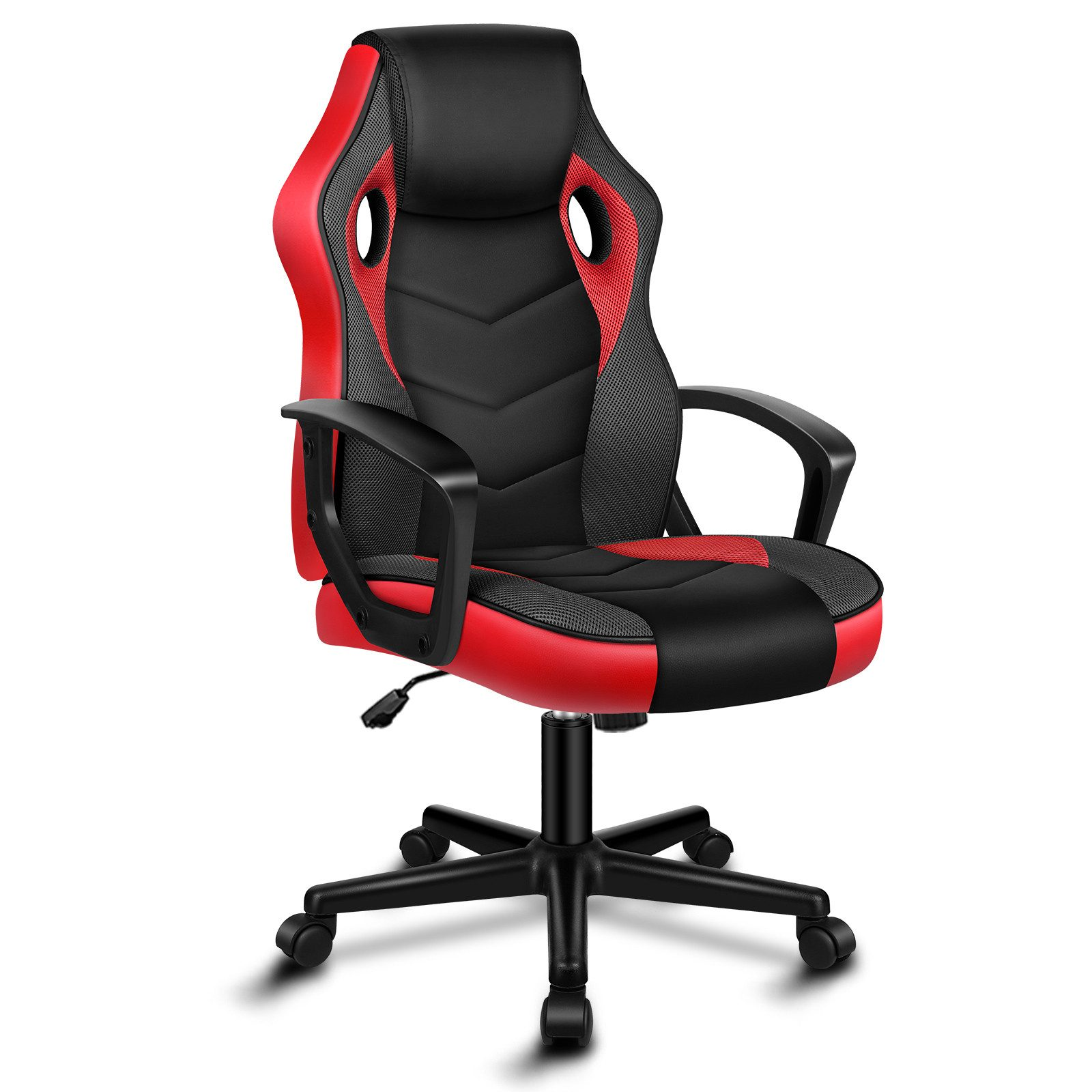 Ein rot-schwarzer Gaming-Stuhl mit hoher Rückenlehne, Armlehnen und einem Fünf-Räder-Fuß steht auf einer weißen Fläche.