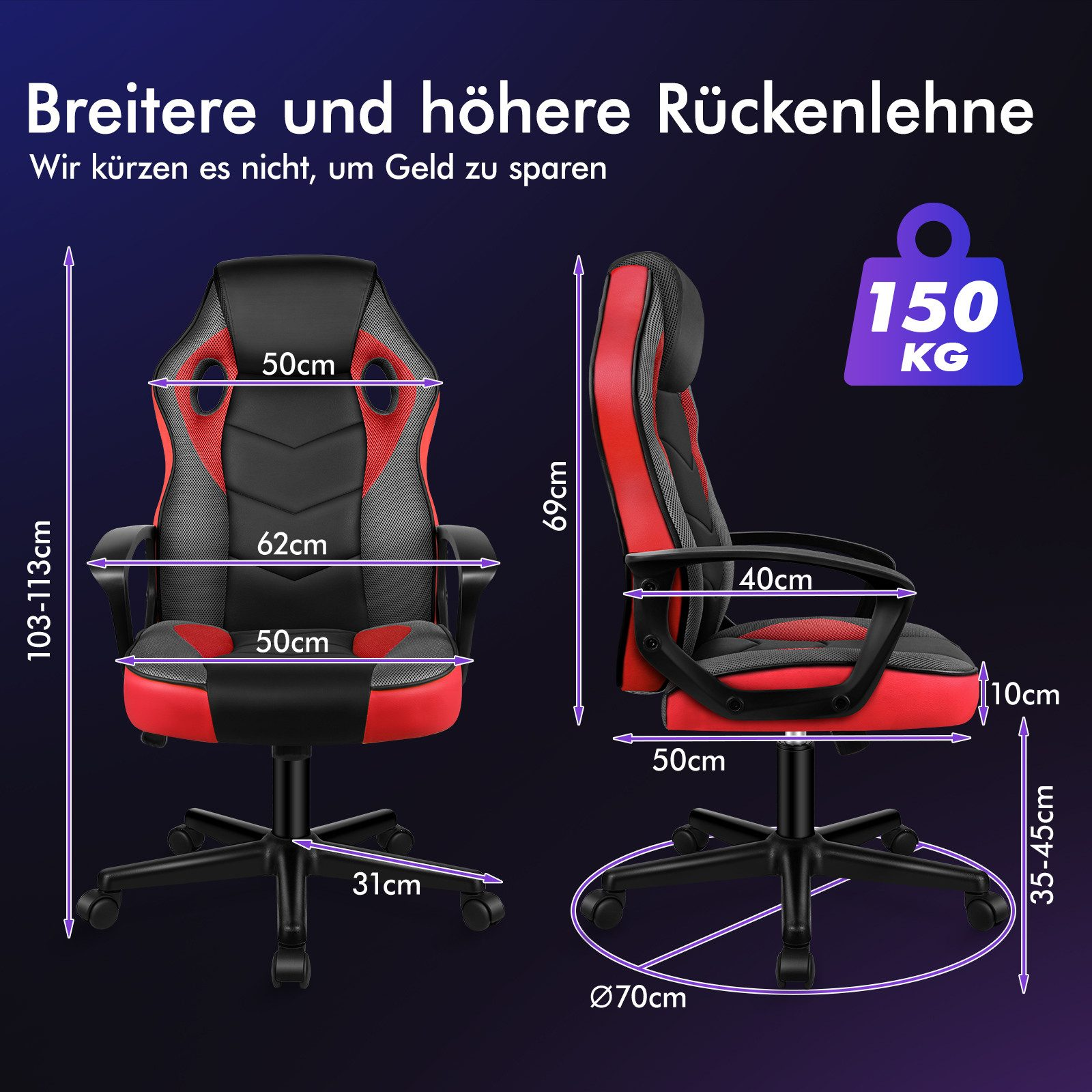 Ein schwarz-roter Gaming-Stuhl wird mit Abmessungen auf dunklem Hintergrund dargestellt, Kapazität 150 kg.