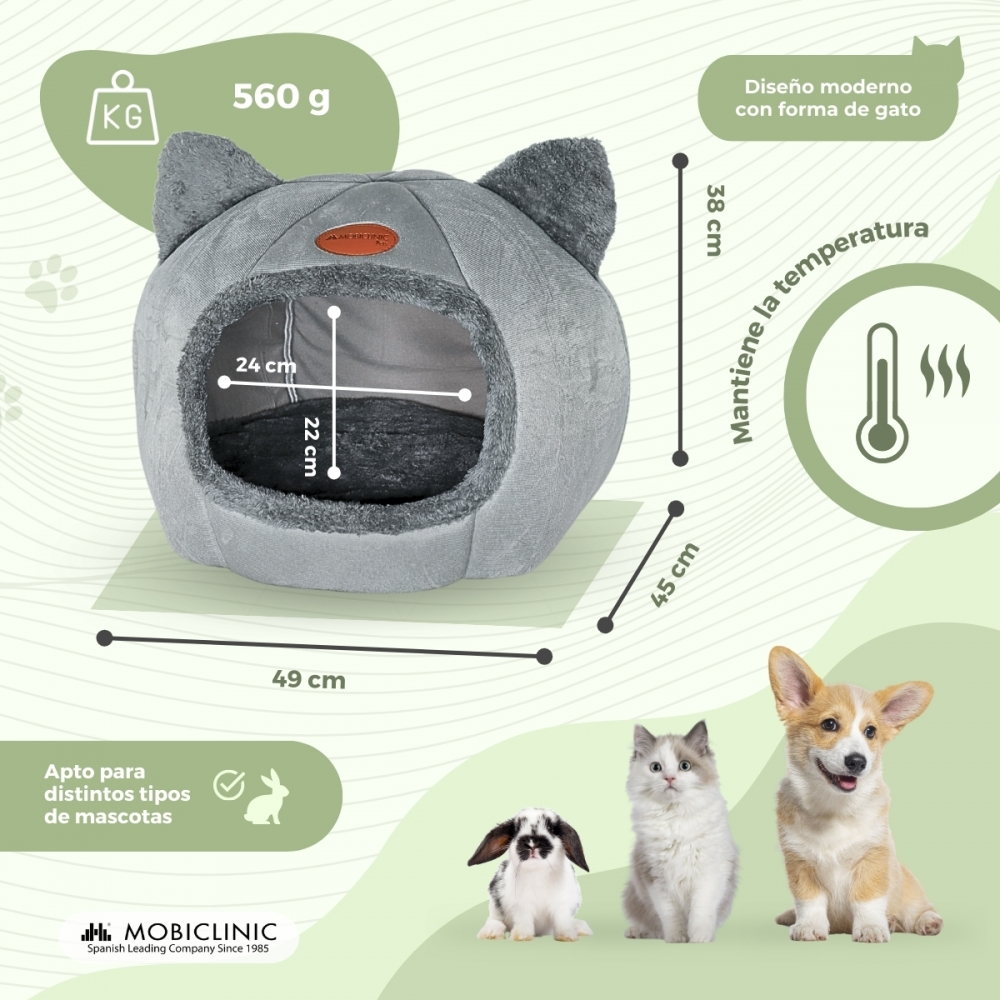Una cama gris para mascotas con forma de gato con dimensiones, peso y tres mascotas: un conejo, un gatito y un corgi.