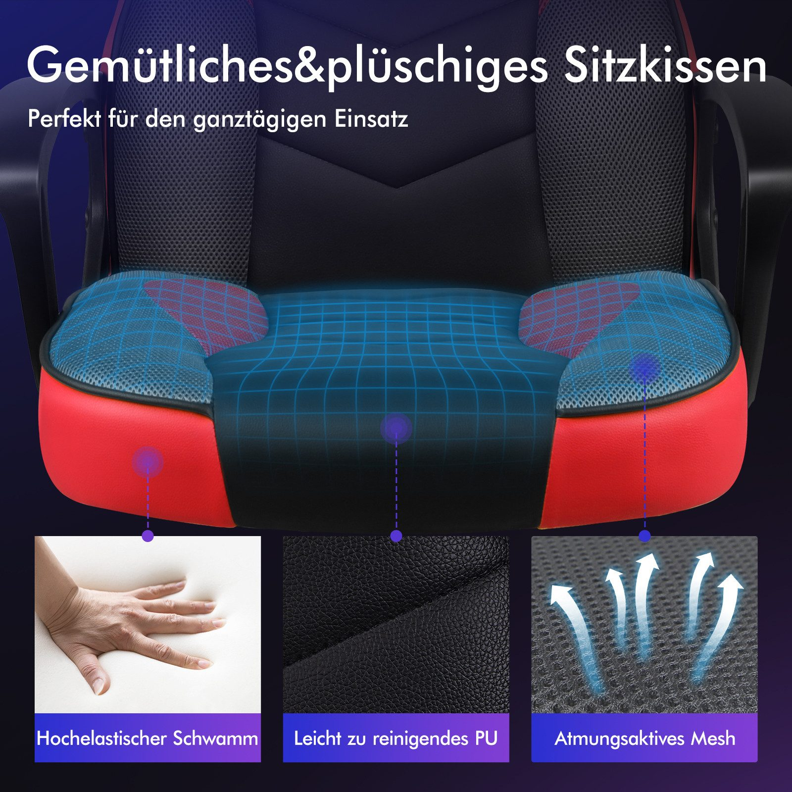 Gaming-Stuhl mit rotem und schwarzem Design. Merkmale sind atmungsaktives Mesh, bequemes Kissen und leicht zu reinigendes PU-Material.