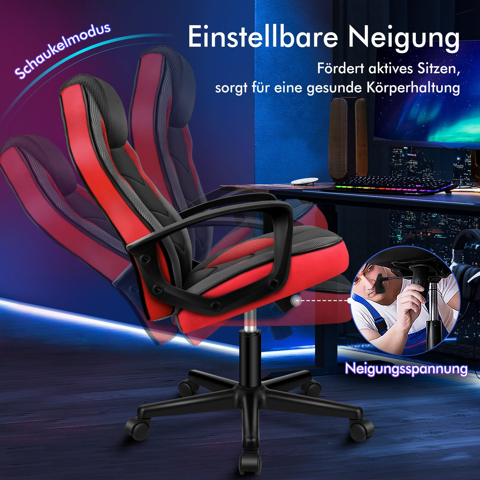 Rot-schwarzer Gaming-Stuhl mit verstellbarer Neigung vor blauem Hintergrund mit Schreibtisch und Computer.