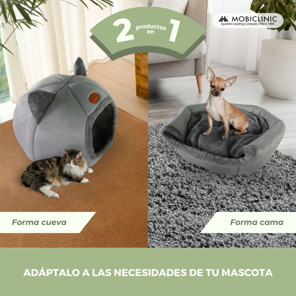 La imagen muestra un gato en una cama gris en forma de cueva y un perro en una cama gris. El texto dice que se adapta a las necesidades de tu mascota.