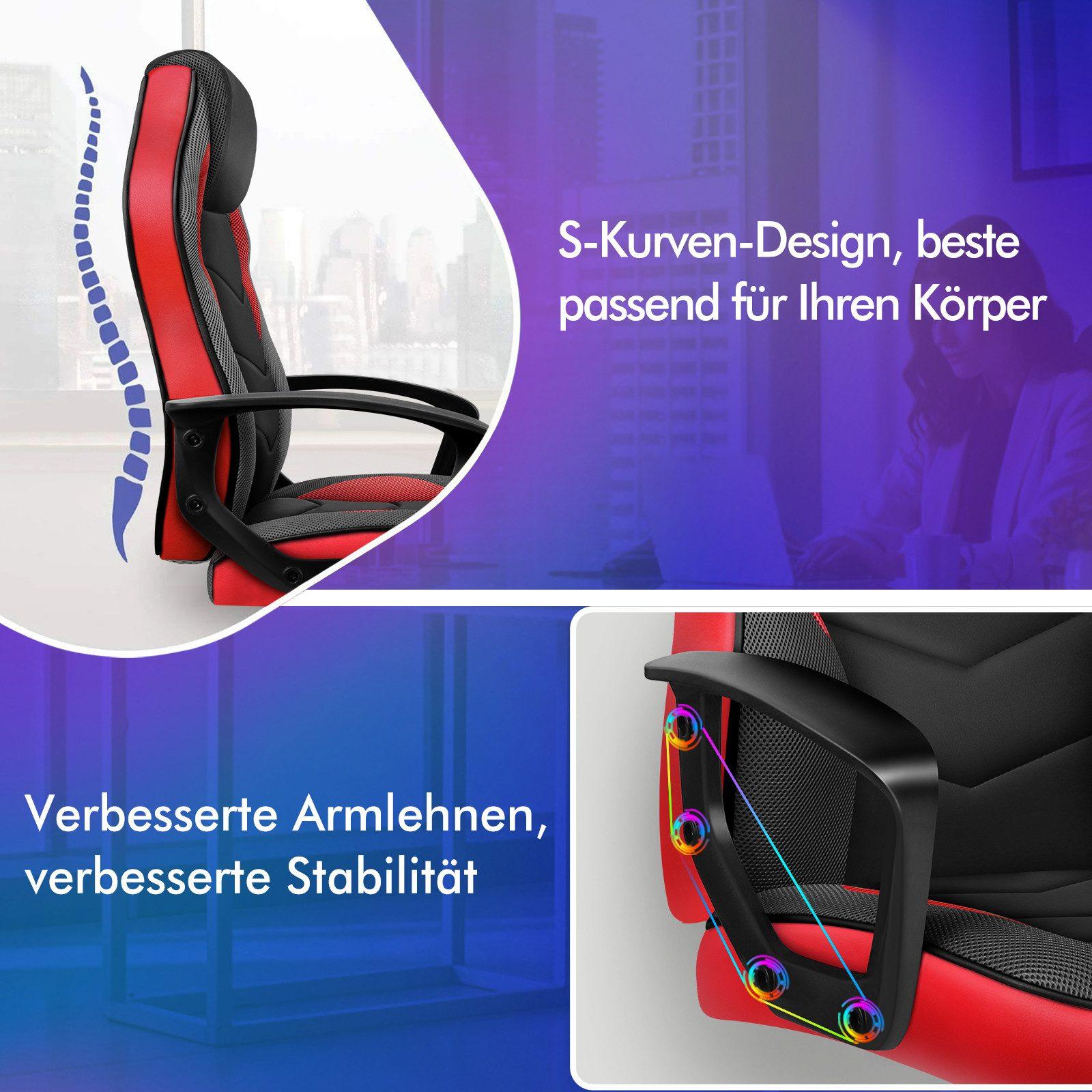 Ein rot-schwarzer Gaming-Stuhl wird vor einem verschwommenen Bürohintergrund gezeigt.