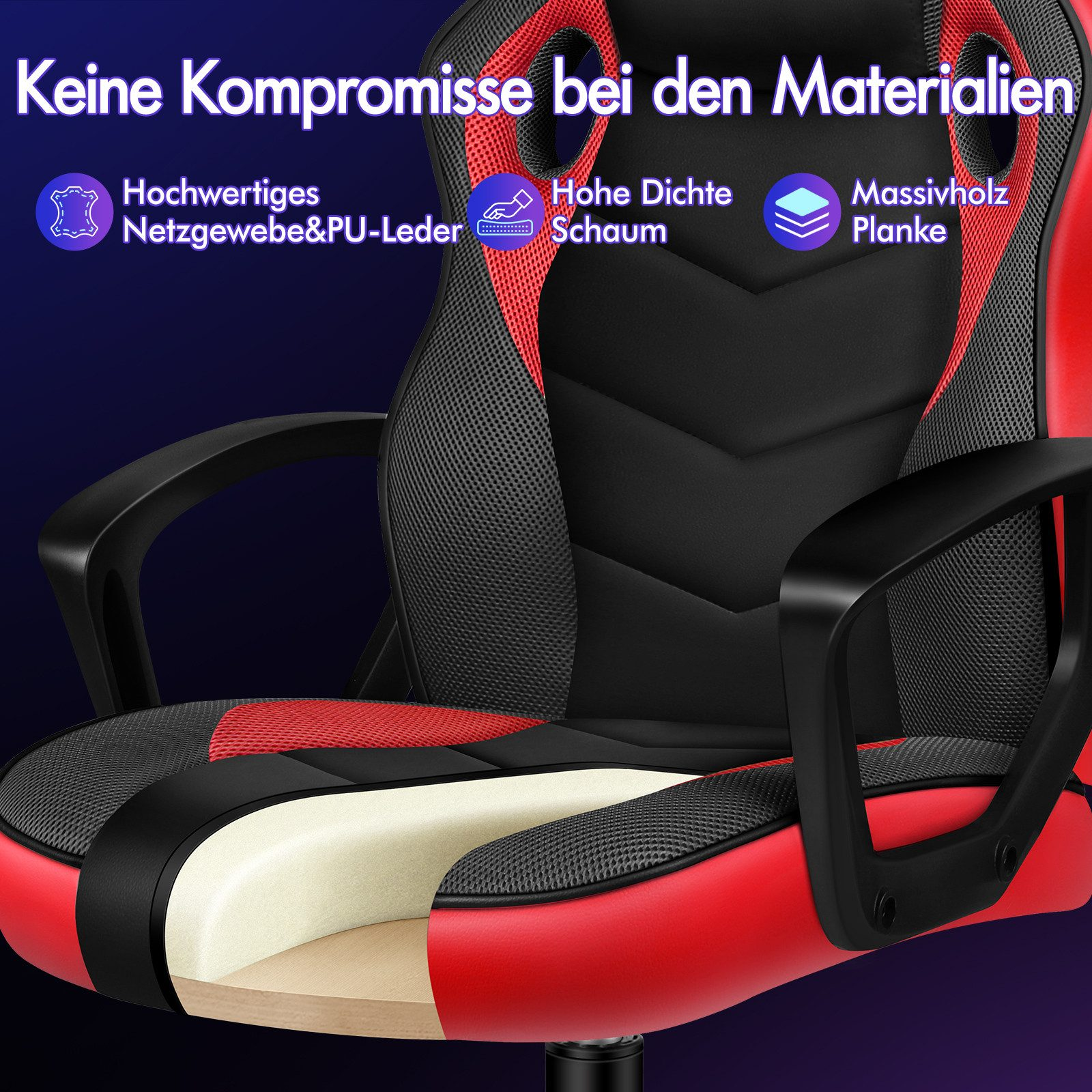 Gaming-Stuhl mit rotem und schwarzem Design. Zeigt Materialschichten: Mesh, PU-Leder, Schaumstoff und Holz.