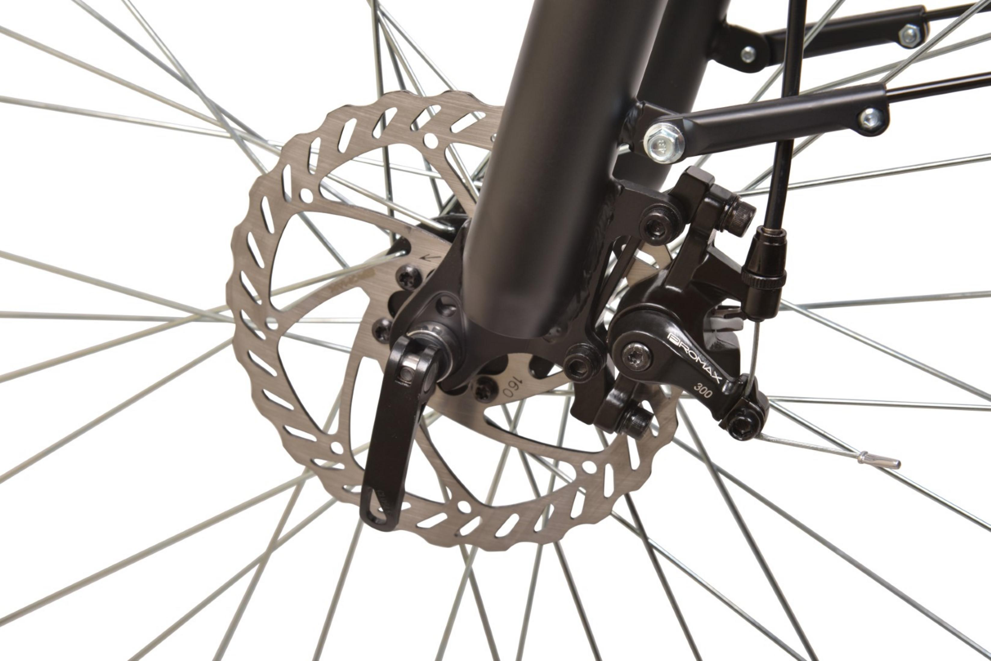 Zbliżenie koła roweru z hamulcem tarczowym. Tarcza hamulcowa jest srebrna, zacisk czarny. Szprychy są srebrne.