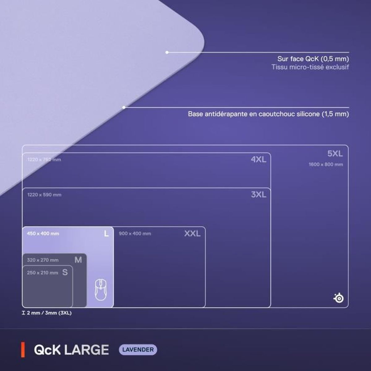 L'immagine mostra varie dimensioni di mousepad QcK Large Lavender. Le dimensioni vanno da S a 5XL, con dimensioni etichettate.