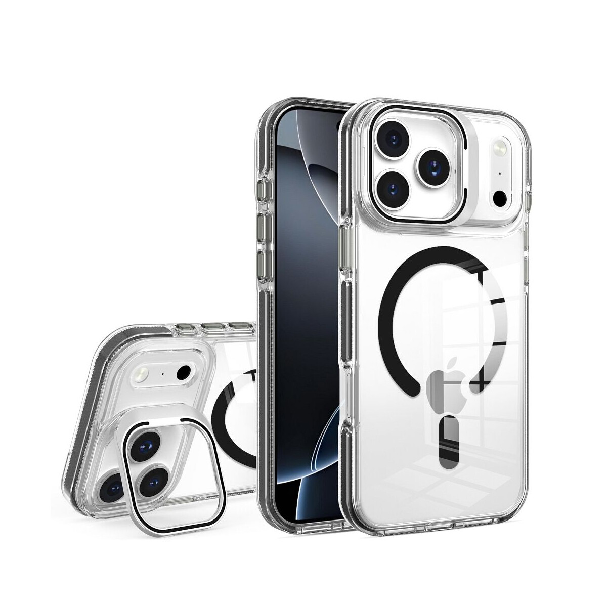 Transparente Handyhüllen mit Apple-Logo. Die Hüllen befinden sich auf weißem Hintergrund, einige sind auf dem Telefon.