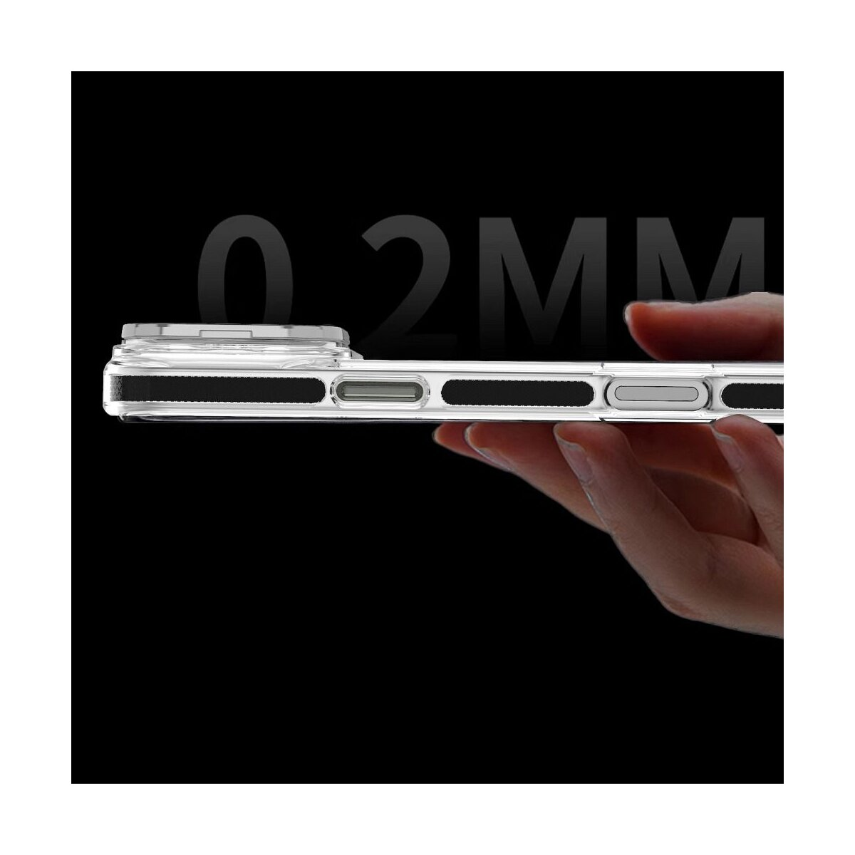 Eine durchsichtige Handyhülle wird von einer Hand gehalten, die ihr dünnes 0,2-mm-Design vor schwarzem Hintergrund zeigt.