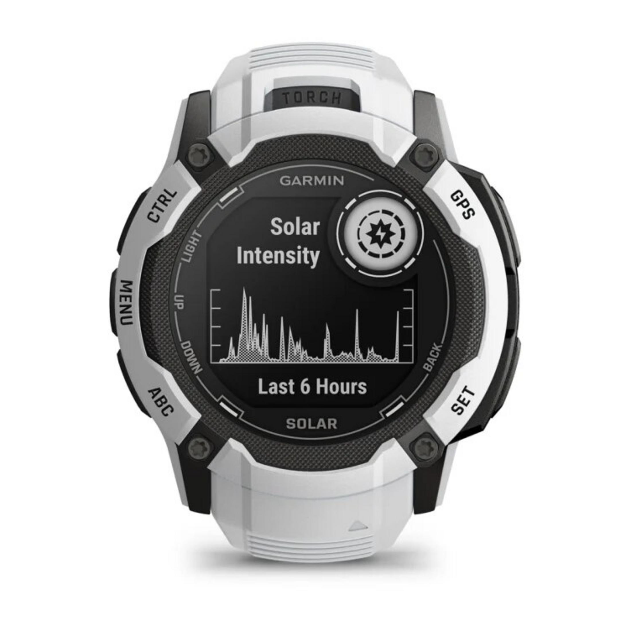 Eine weiße Garmin-Uhr zeigt Solarenergie-Daten an. Sie hat schwarze Akzente und Tasten mit der Aufschrift CTRL, GPS, MENU, ABC und SET.