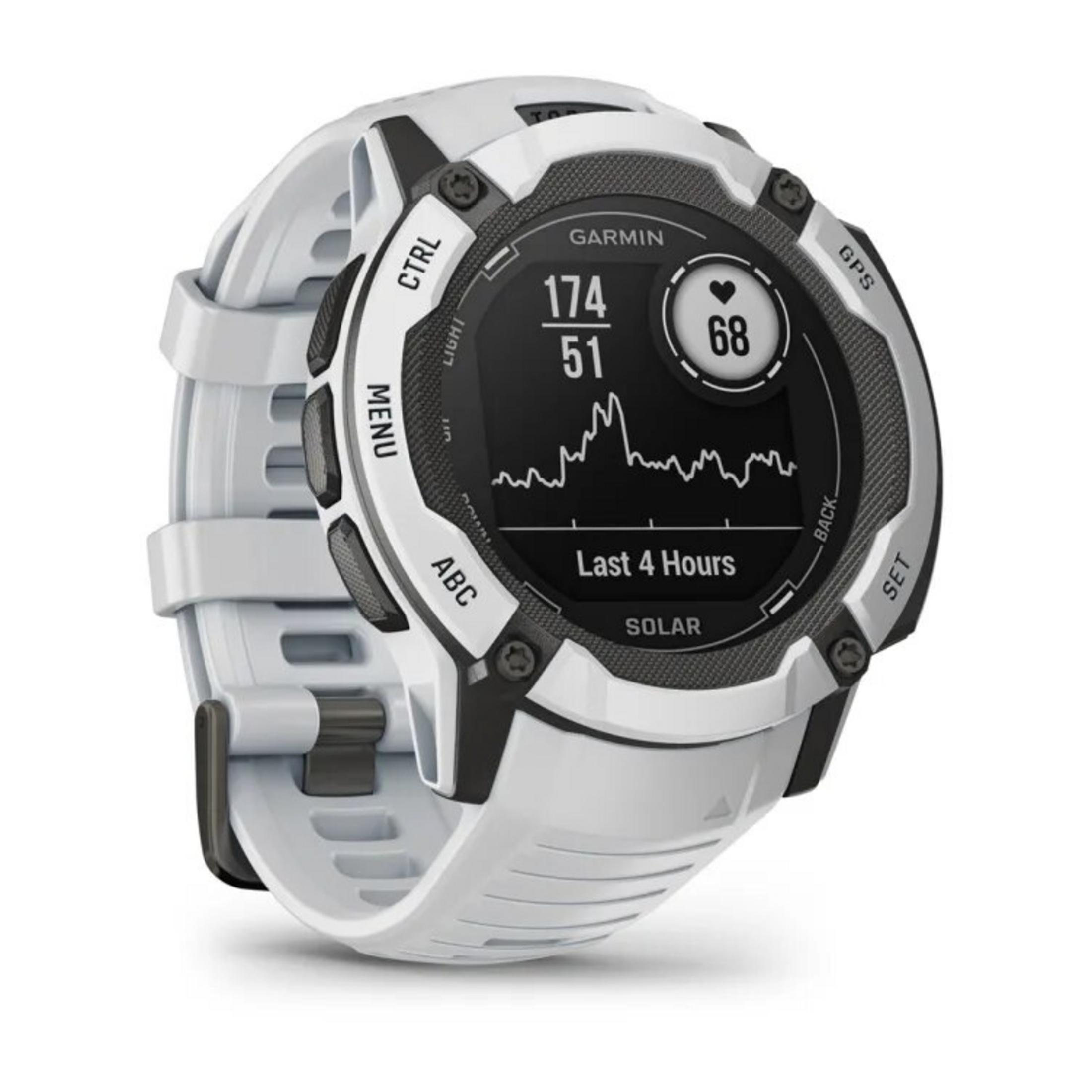 Weiße Garmin-Smartwatch mit schwarzen Akzenten. Die Uhr zeigt Daten: Herzfrequenz, Zeit und ein Diagramm. Sie hat ein weißes Armband.