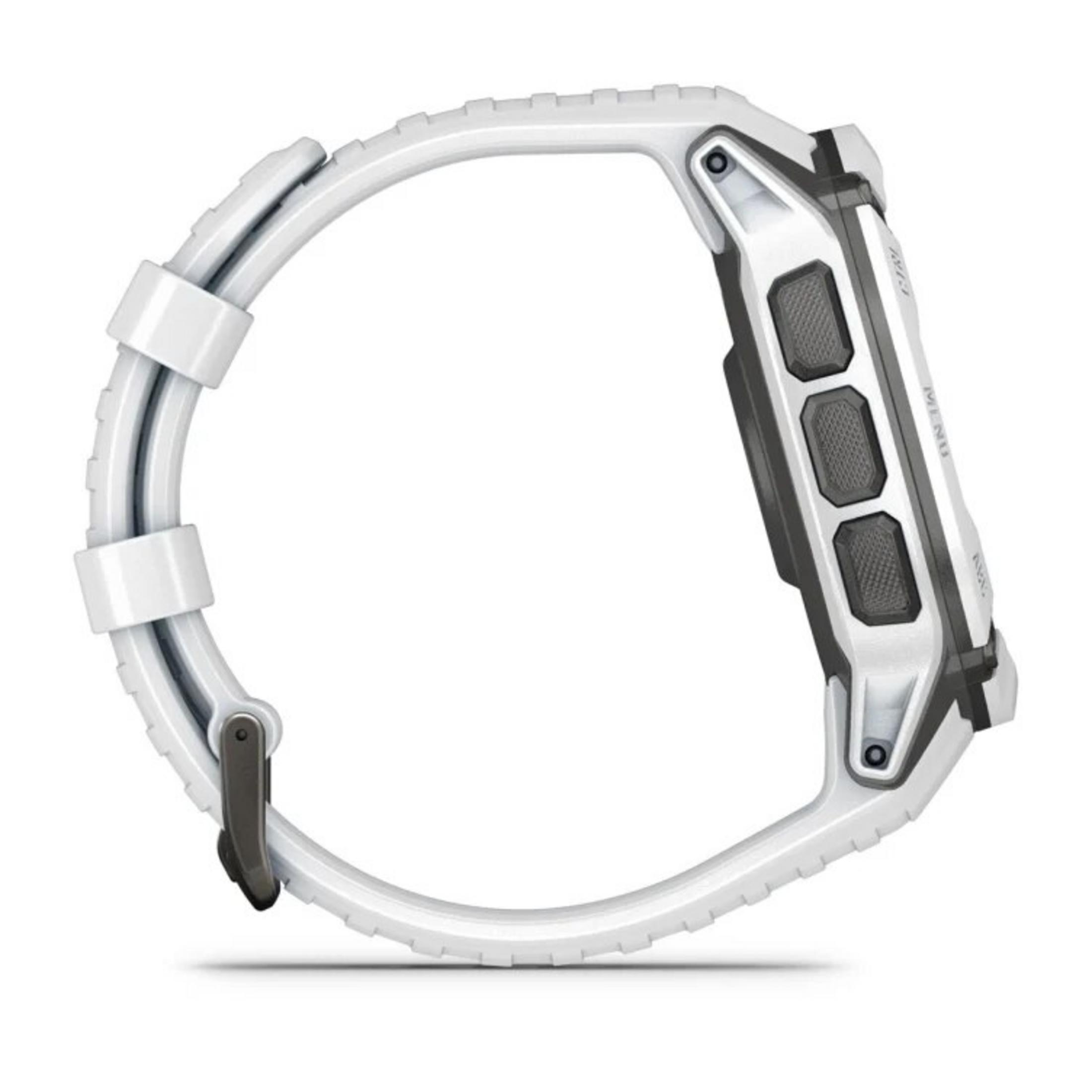Eine weiße Smartwatch mit schwarzen Details. Das Uhrenarmband ist weiß. Die Uhr hat drei Knöpfe an der Seite.