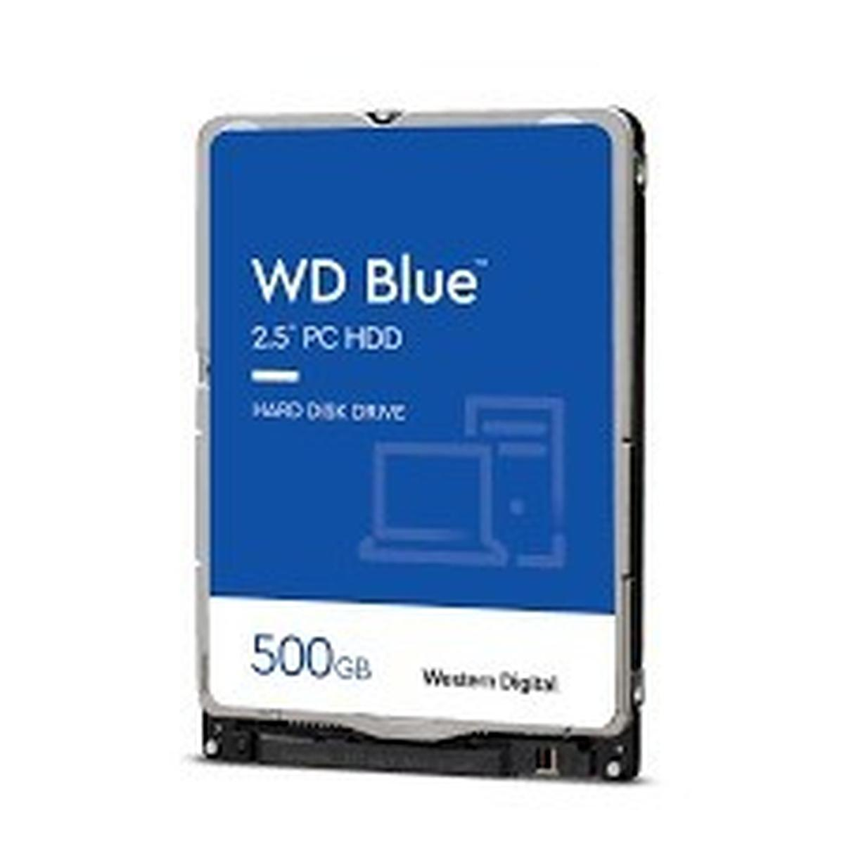 Se muestra un HDD para PC WD Blue de 2,5", 500 GB. Tiene una etiqueta azul con texto blanco. Western Digital es el fabricante.