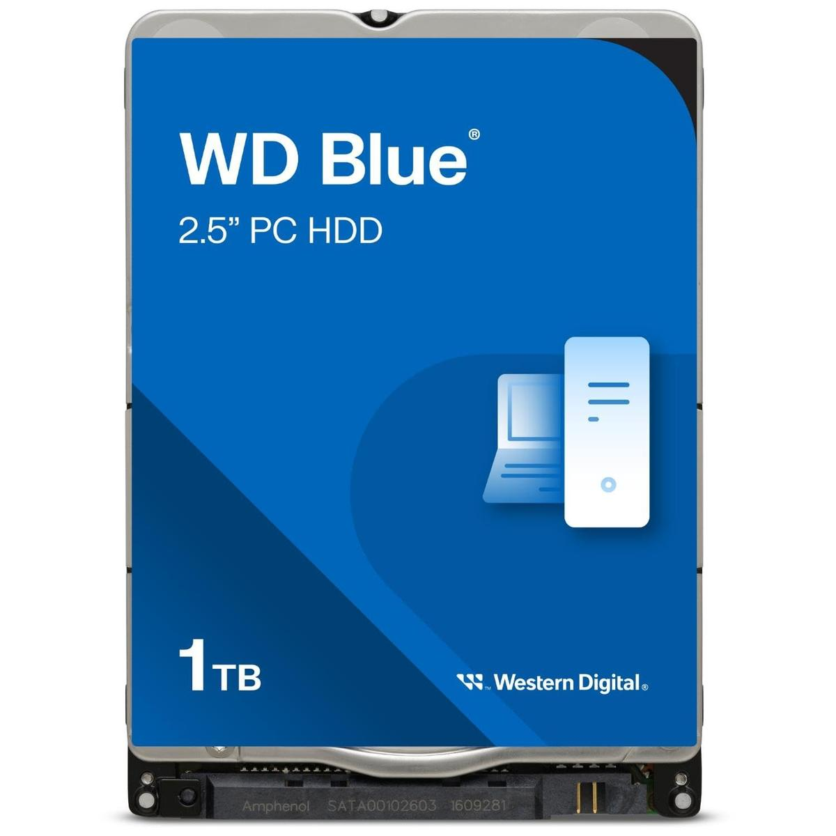 Un disco duro WD Blue de 2,5" para PC. Etiqueta azul con texto blanco 'WD Blue' y un gráfico de portátil. Capacidad de 1 TB. Logotipo de Western Digital.