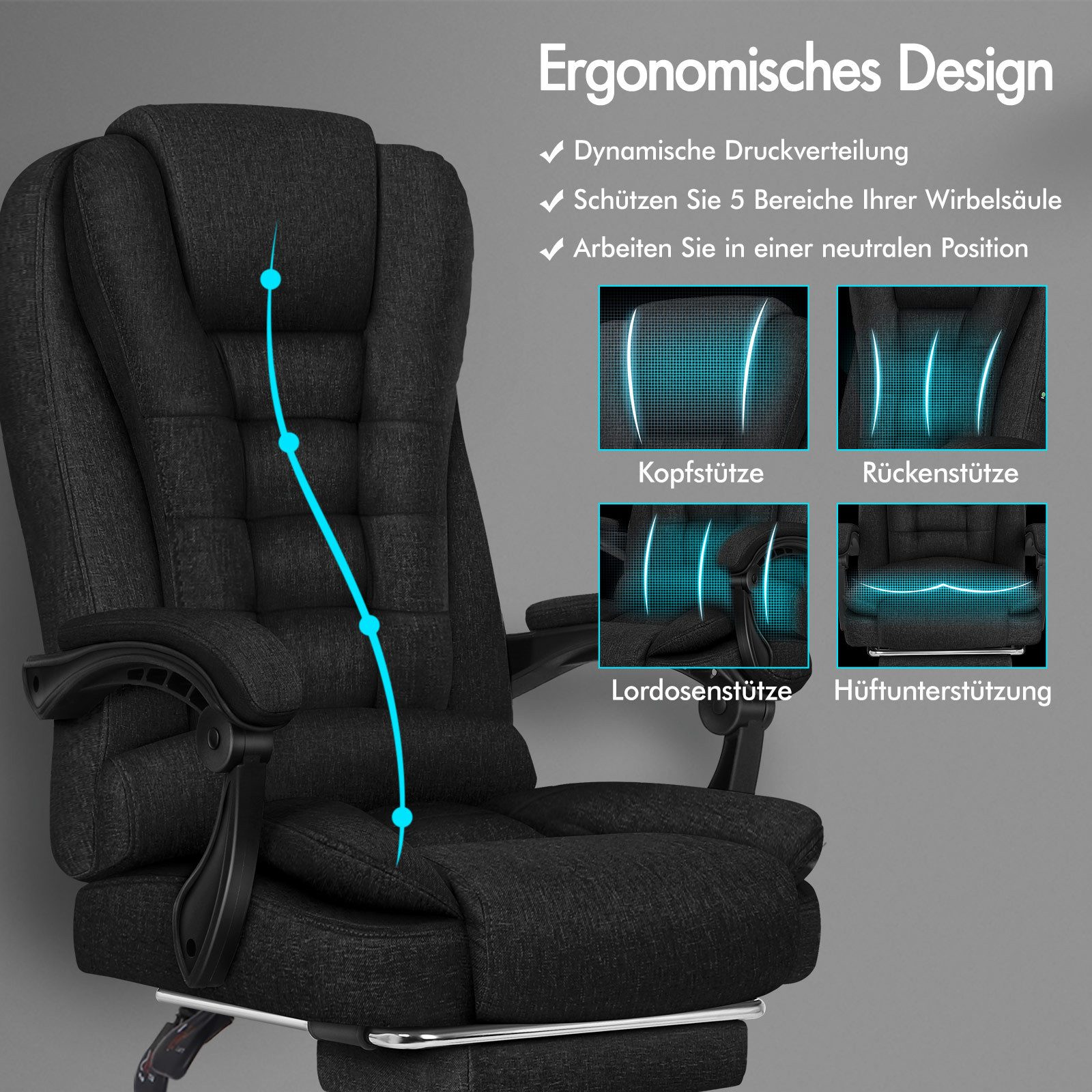Schwarzer ergonomischer Bürostuhl. Merkmale sind Kopfstütze, Rückenlehne, Lendenwirbelstütze und Hüftunterstützung.