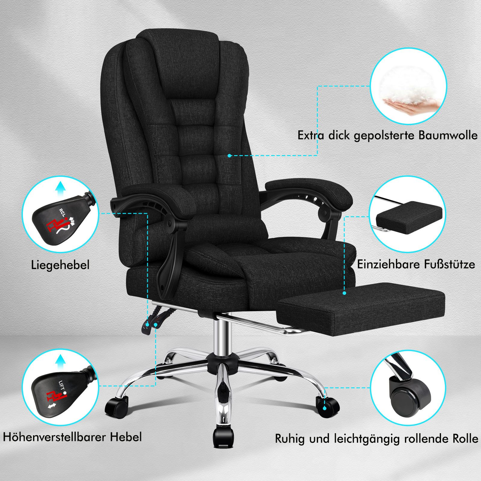 Schwarzer Bürostuhl mit Fußstütze. Enthält Hebel zum Zurücklehnen, für Höhe und Rollräder. Mit Baumwollpolsterung.