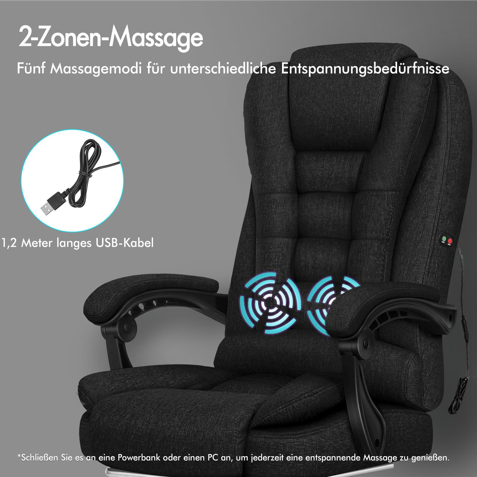 Schwarzer Massagestuhl mit blauen Massagezonen, USB-Kabel und Text zu den Massagemodi.
