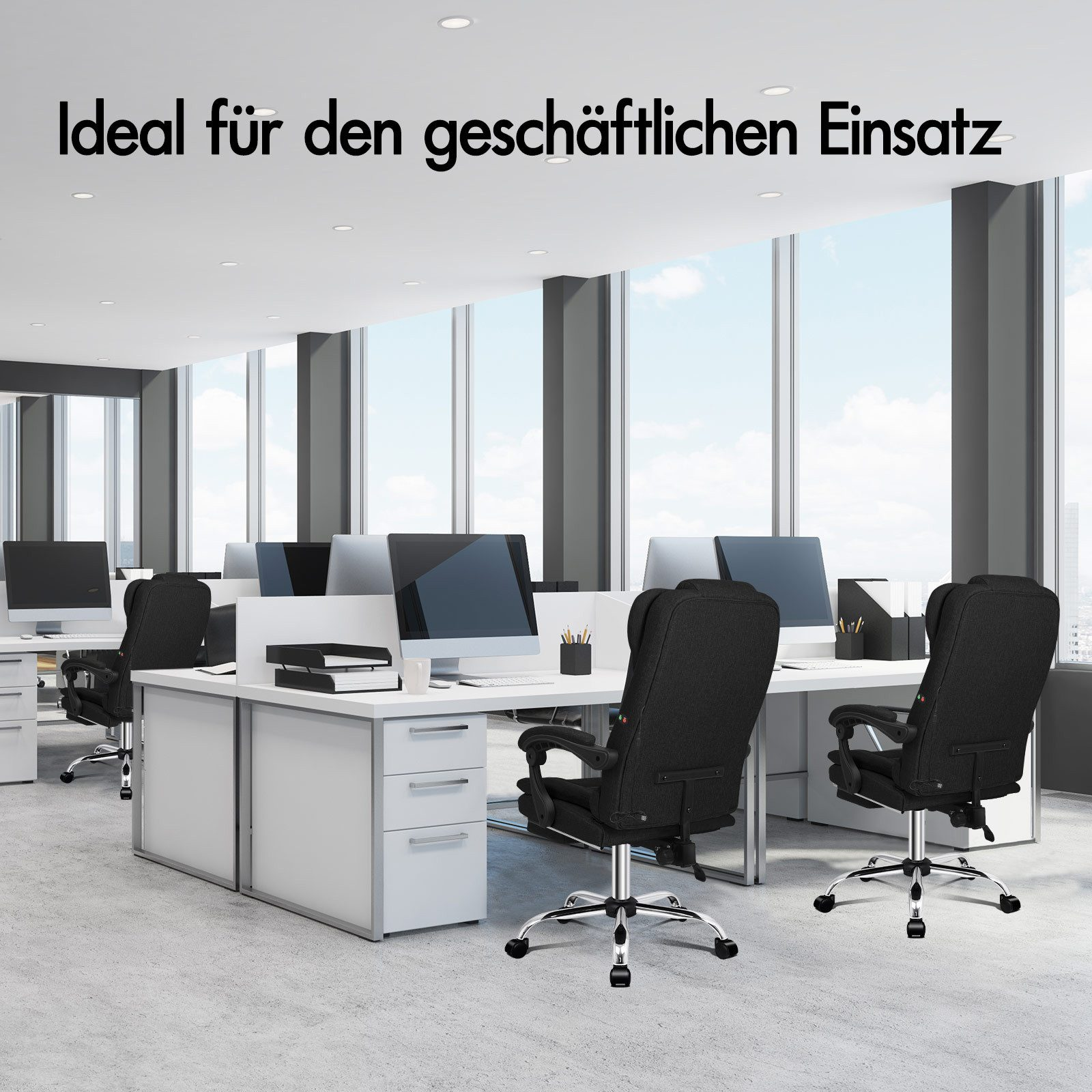 Büro mit Schreibtischen, Computern und schwarzen Stühlen. Große Fenster zeigen eine Himmelsansicht. Text: Ideal für den geschäftlichen Einsatz.