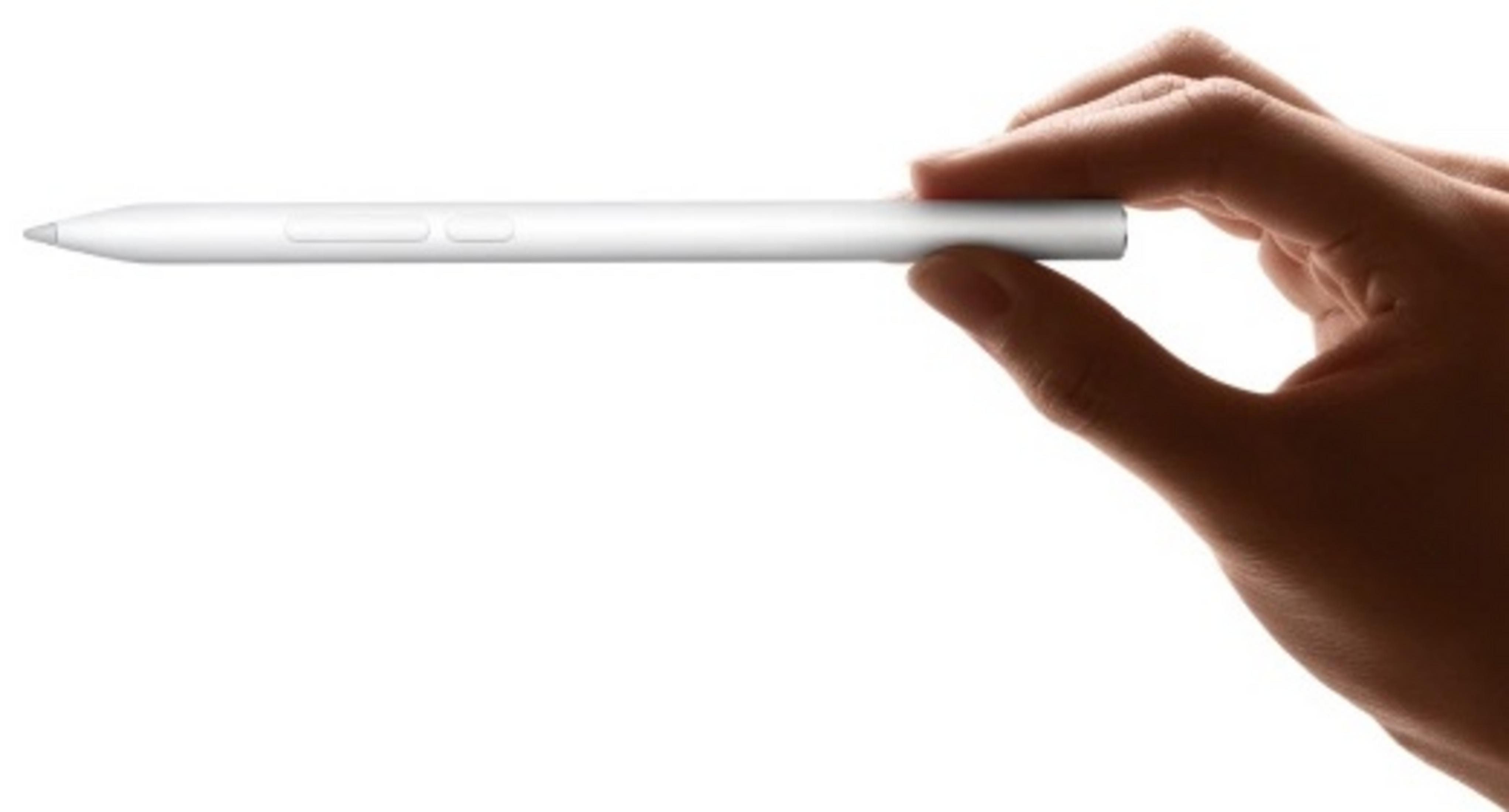 Eine Hand, die einen weißen Stift hält. Der Stift hat Knöpfe und eine Spitze. Weißer Hintergrund.
