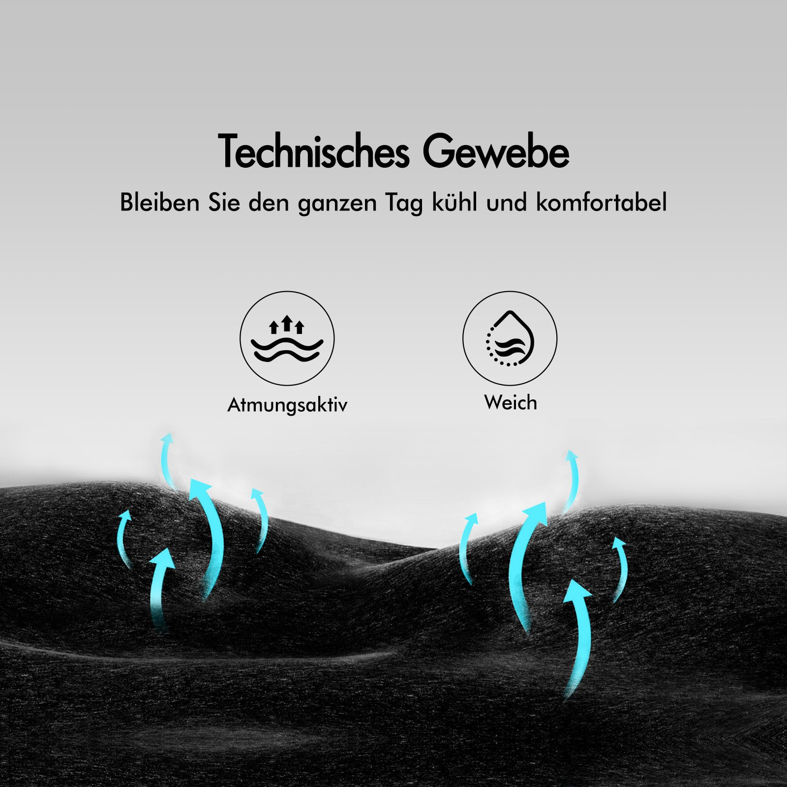 Das Bild zeigt Text: Technisches Gewebe. Es zeigt auch Illustrationen mit den Wörtern: atmungsaktiv und weich, mit Pfeilen.
