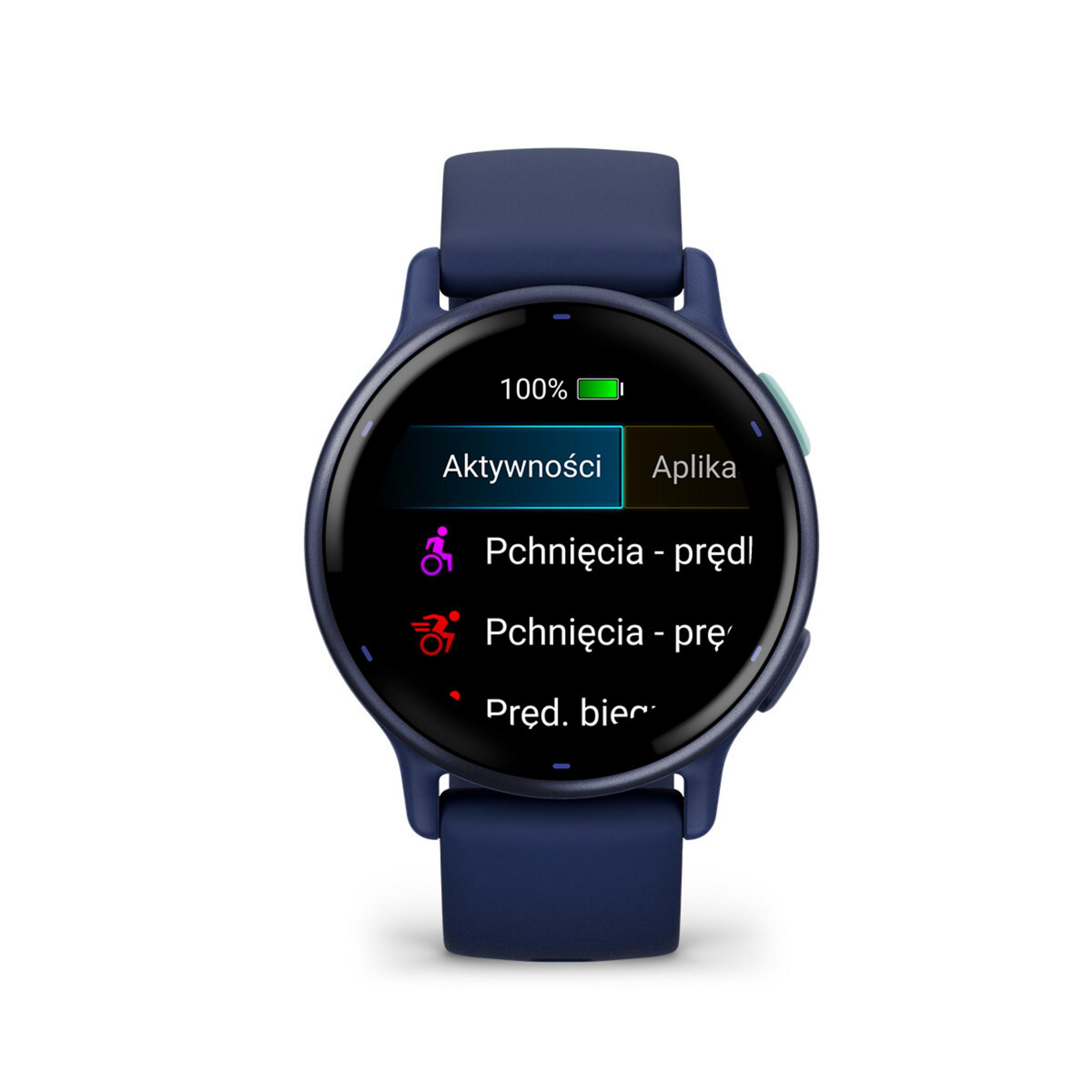Granatowy smartwatch wyświetla opcje aktywności. Ekran pokazuje 'Aktywności' i 'Aplikacja' z ikonami aktywności.
