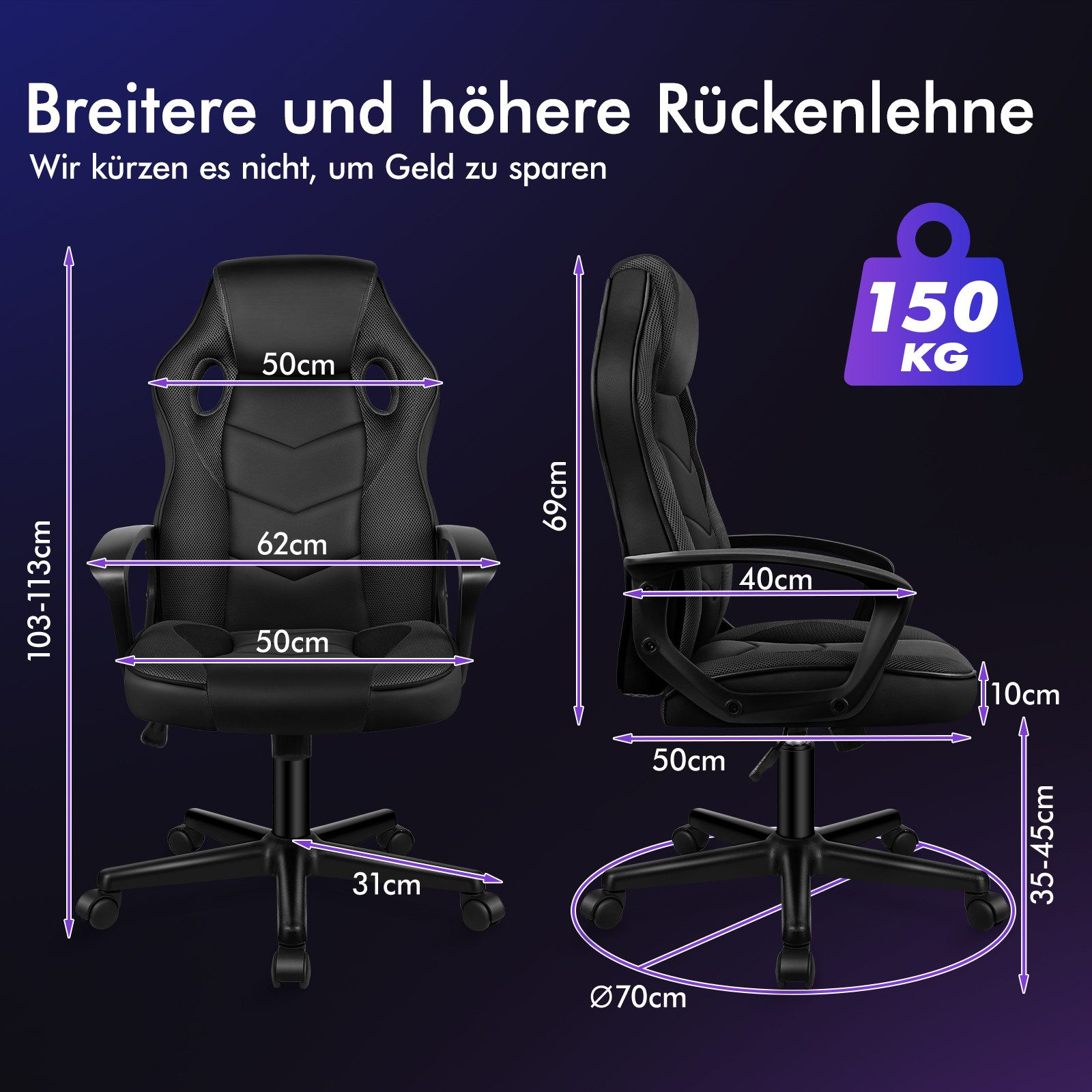 Schwarzer Gaming-Stuhl mit Abmessungen und Gewichtsangaben. Verfügt über eine hohe Rückenlehne und ein Fünf-Rollen-Gestell.