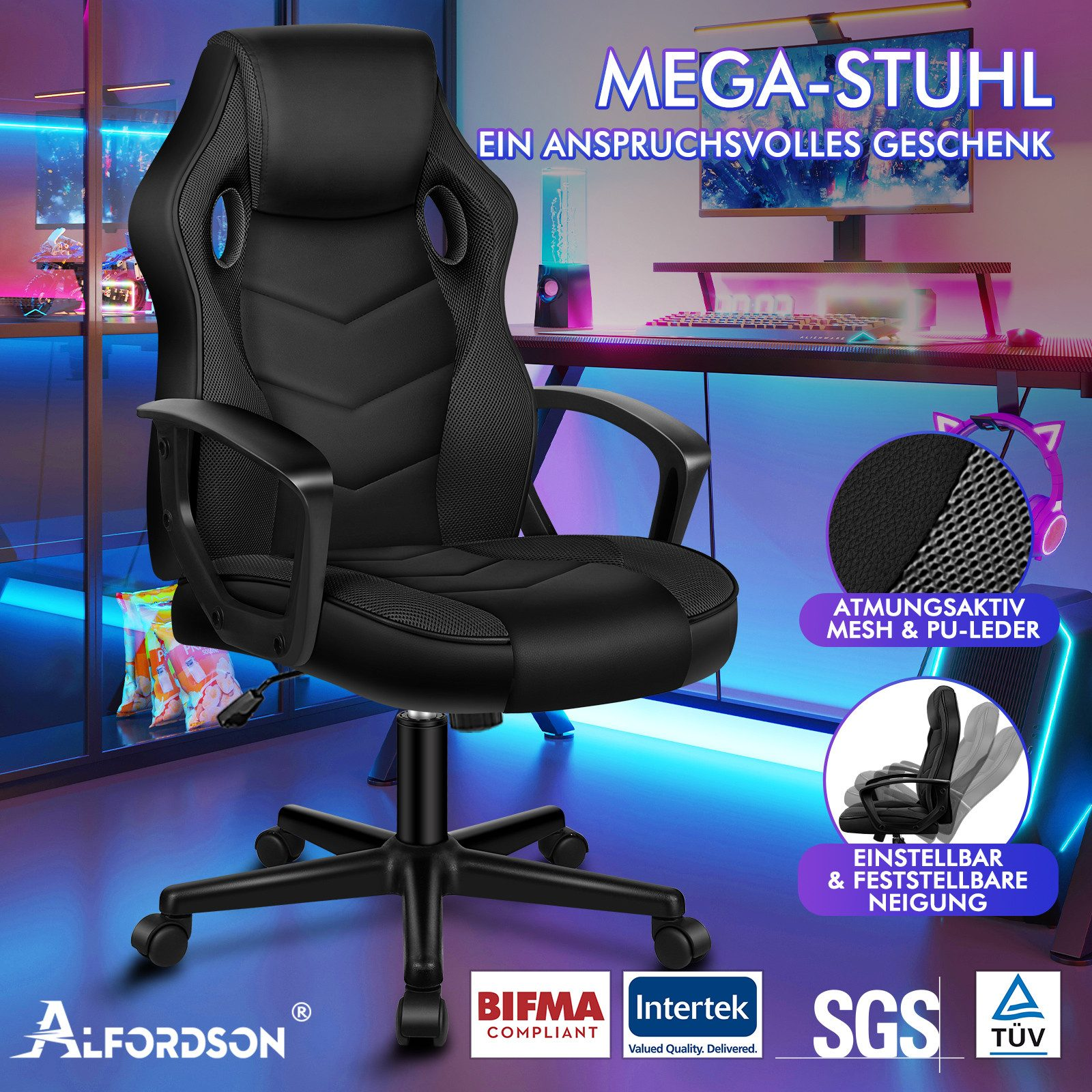 Schwarzer Gaming-Stuhl mit Mesh und PU-Leder. Merkmale: höhenverstellbar und neigbar, mit schwarzem Fünf-Sterne-Fuß.