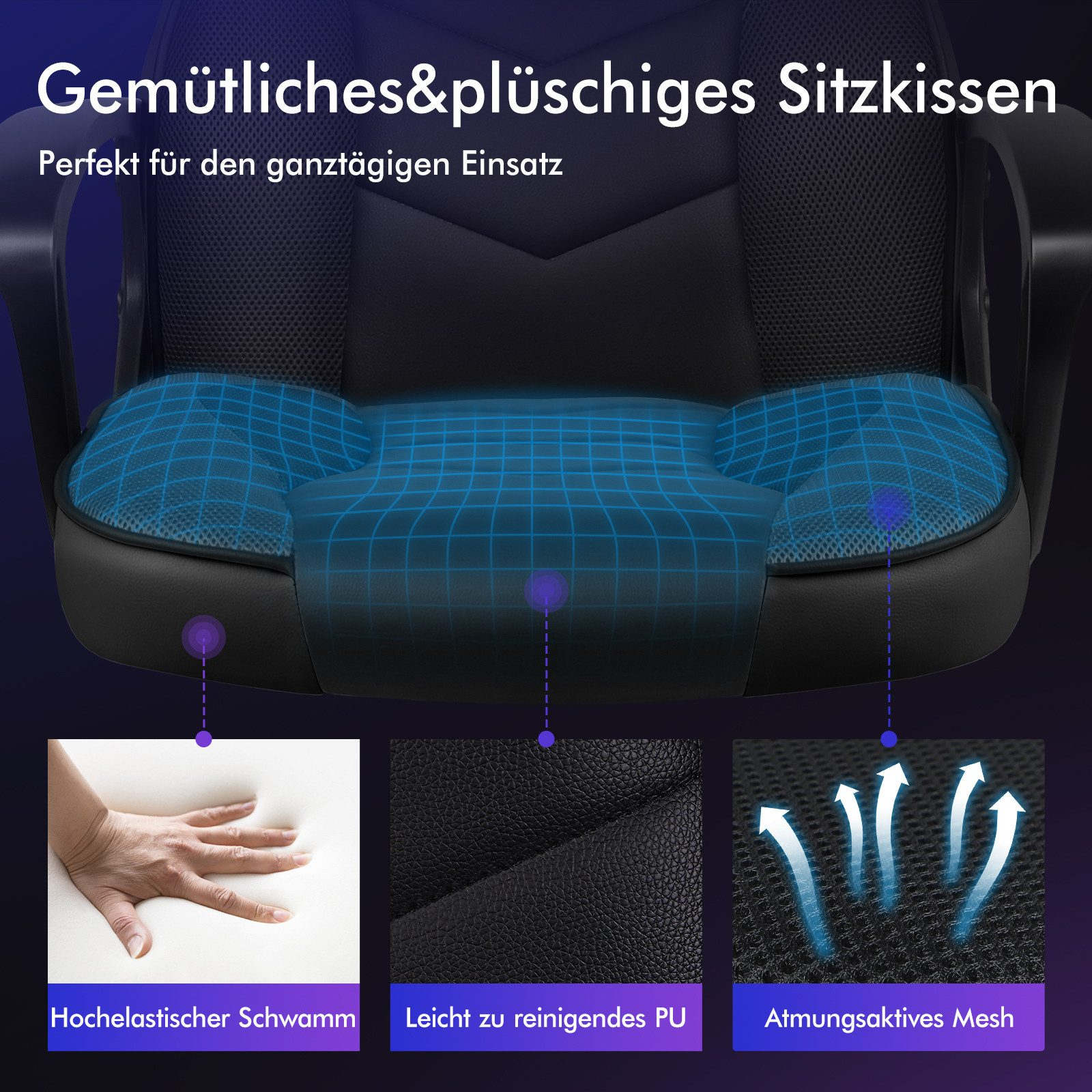 Schwarzer ergonomischer Stuhlsitz mit blauem Raster. Merkmale umfassen bequemen Schaumstoff, PU-Leder und atmungsaktives Mesh.