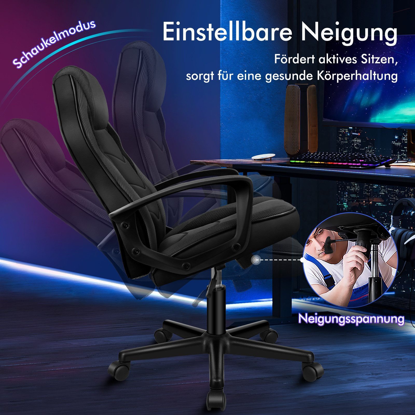Schwarzer ergonomischer Stuhl mit verstellbarer Neigung, eine Person stellt die Neigungsspannung ein. Hintergrund: Schreibtisch.