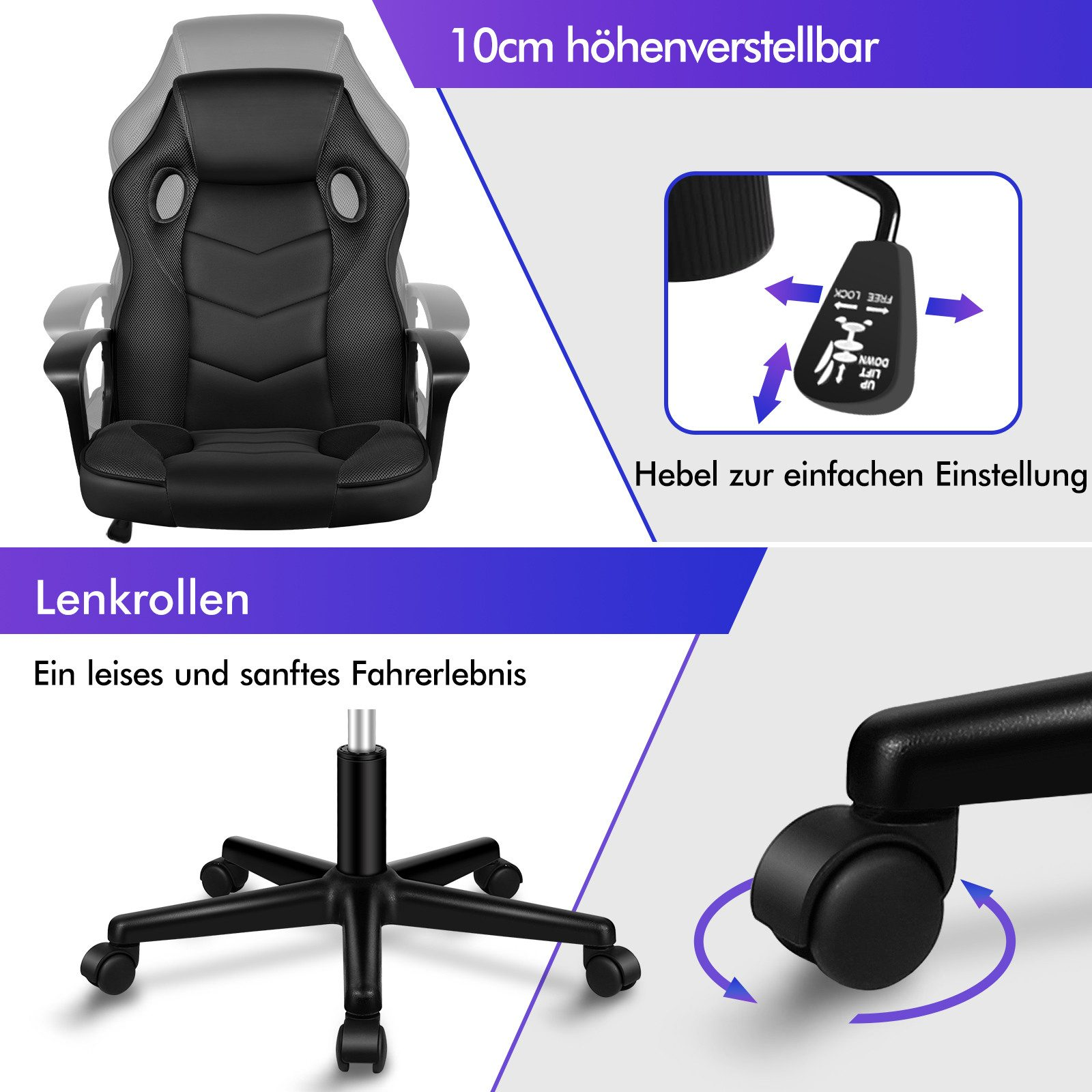 Gaming-Stuhl mit schwarzem Sitz und Rückenlehne, höhenverstellbar, Hebel und Rollen.