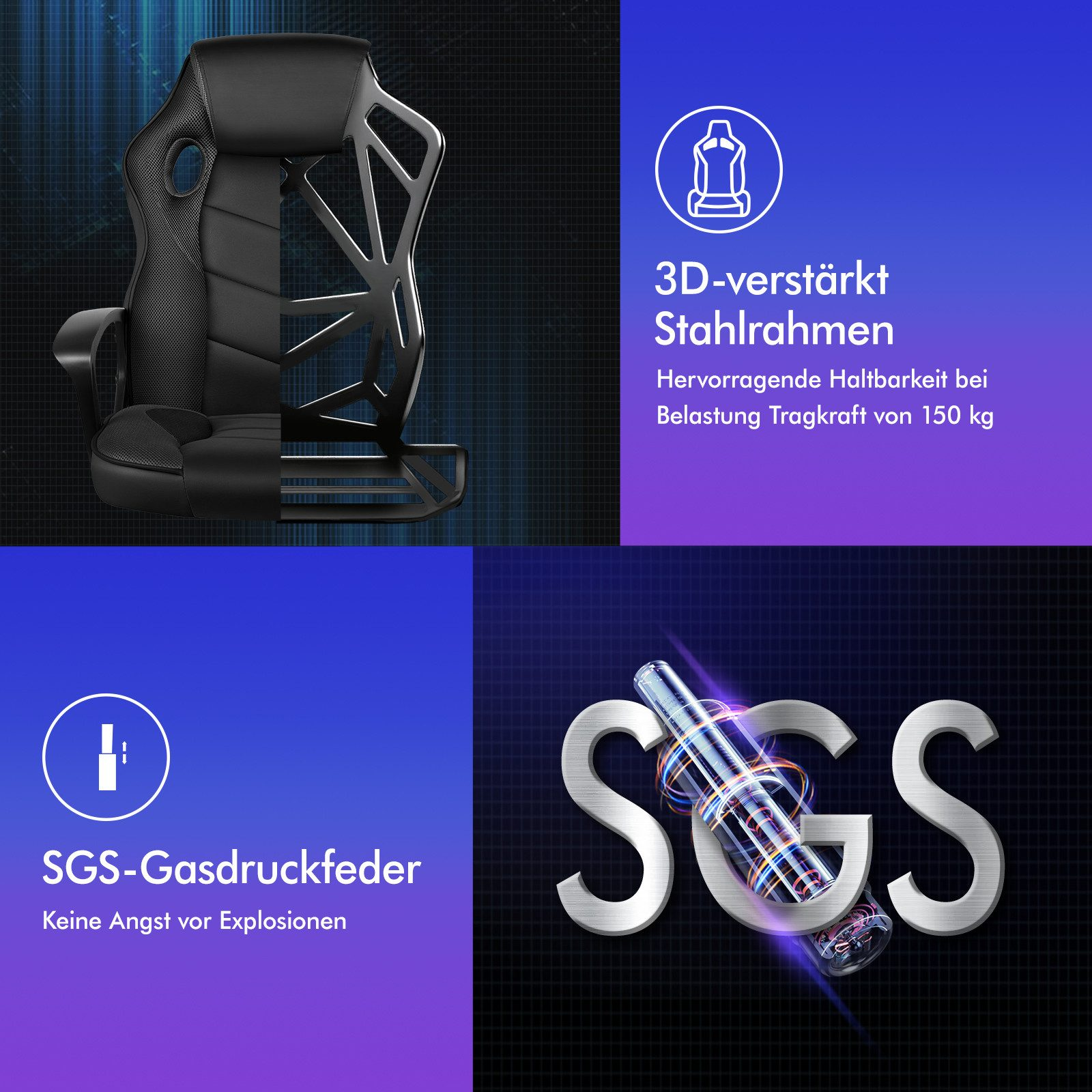 Das Bild zeigt einen schwarzen Gaming-Stuhl. Er hat einen Metallrahmen und Funktionen mit deutschem Text auf blauem Grund.
