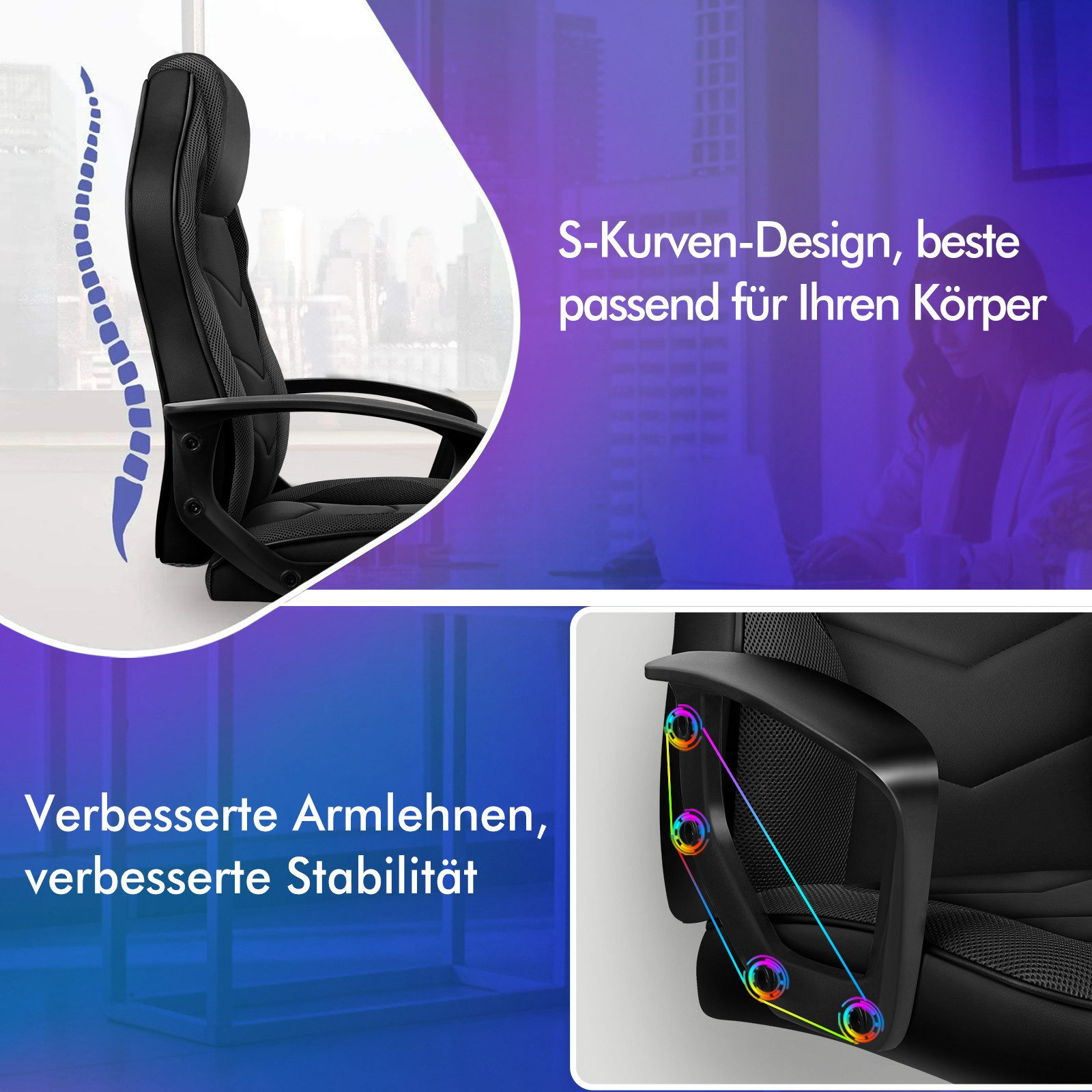 Schwarzer ergonomischer Stuhl. Merkmale sind S-Kurven-Design, verbesserte Armlehnen und erhöhte Stabilität. Text auf Deutsch vorhanden.